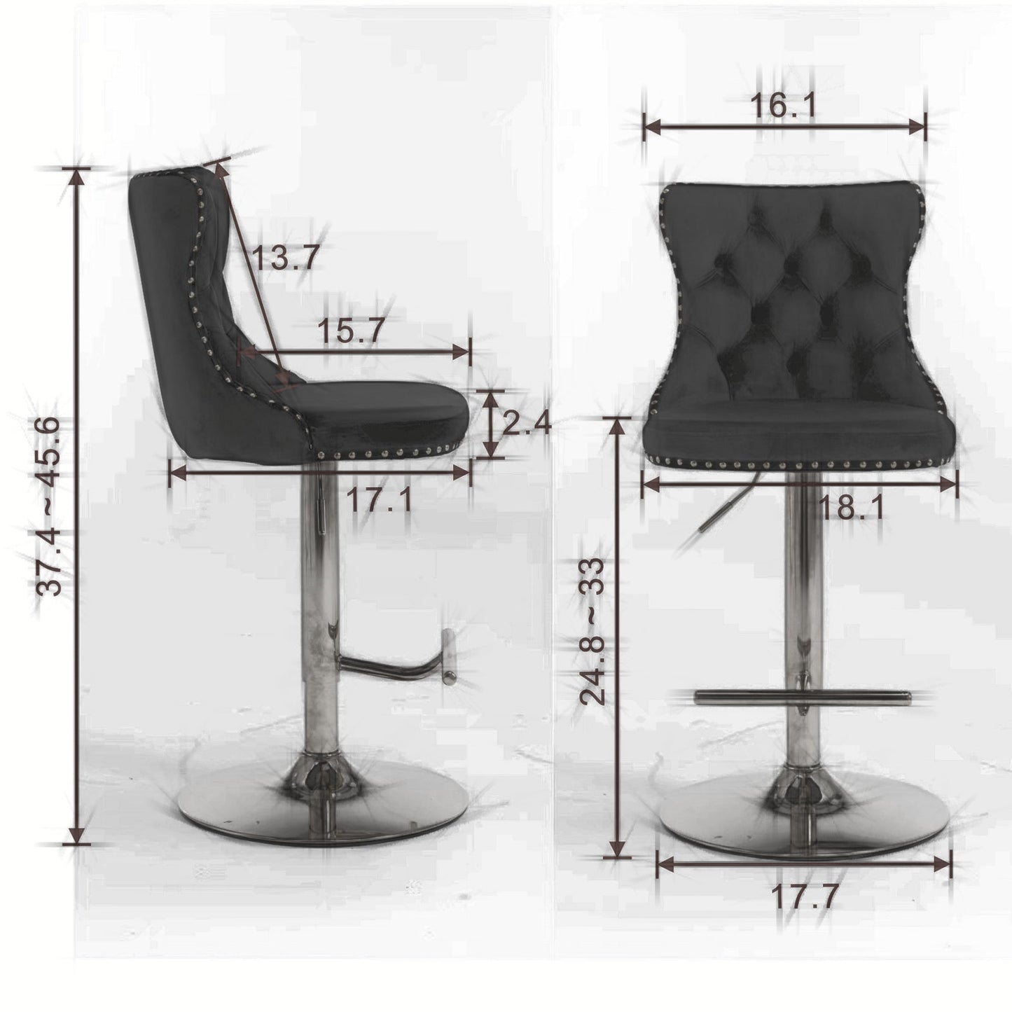 25-33 Inch, Modern Upholstered Chrome base Bar Stools with Back Comfortable Tufted for Home Pub and Kitchen Island(Black,Set of