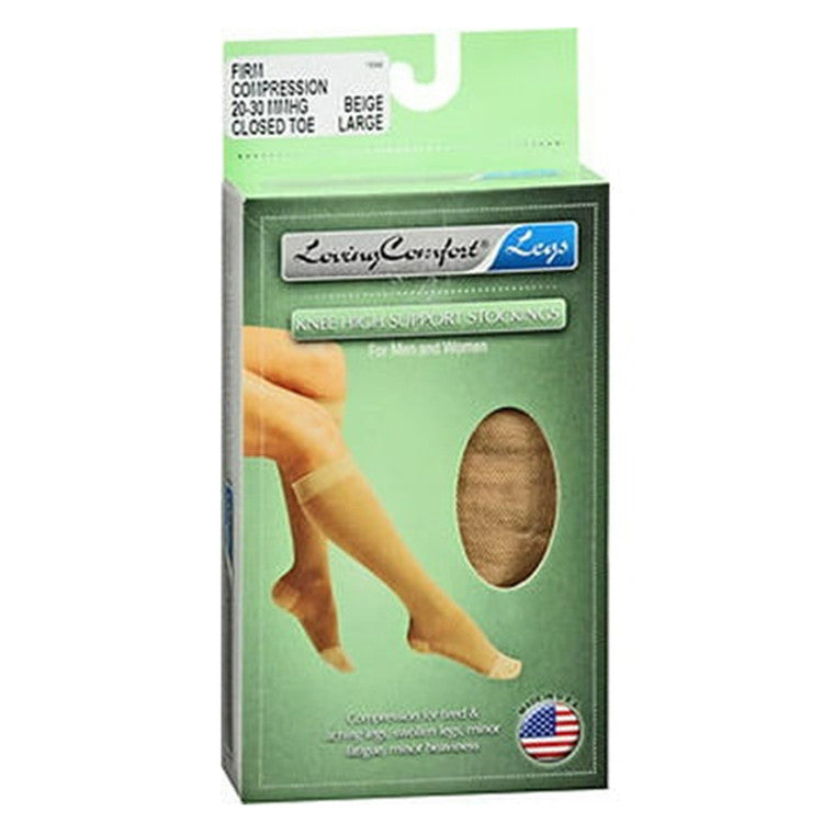 Loving Comfort Sheer Stockings Knee High Closed Toe Womens 20-30Mmhg Beige Large-
