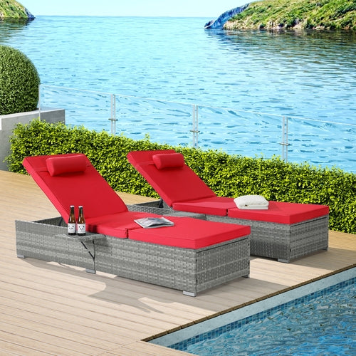 Outdoor PE Rattan Chaise Lounge Set of 2 with Table – Adjustable Patio