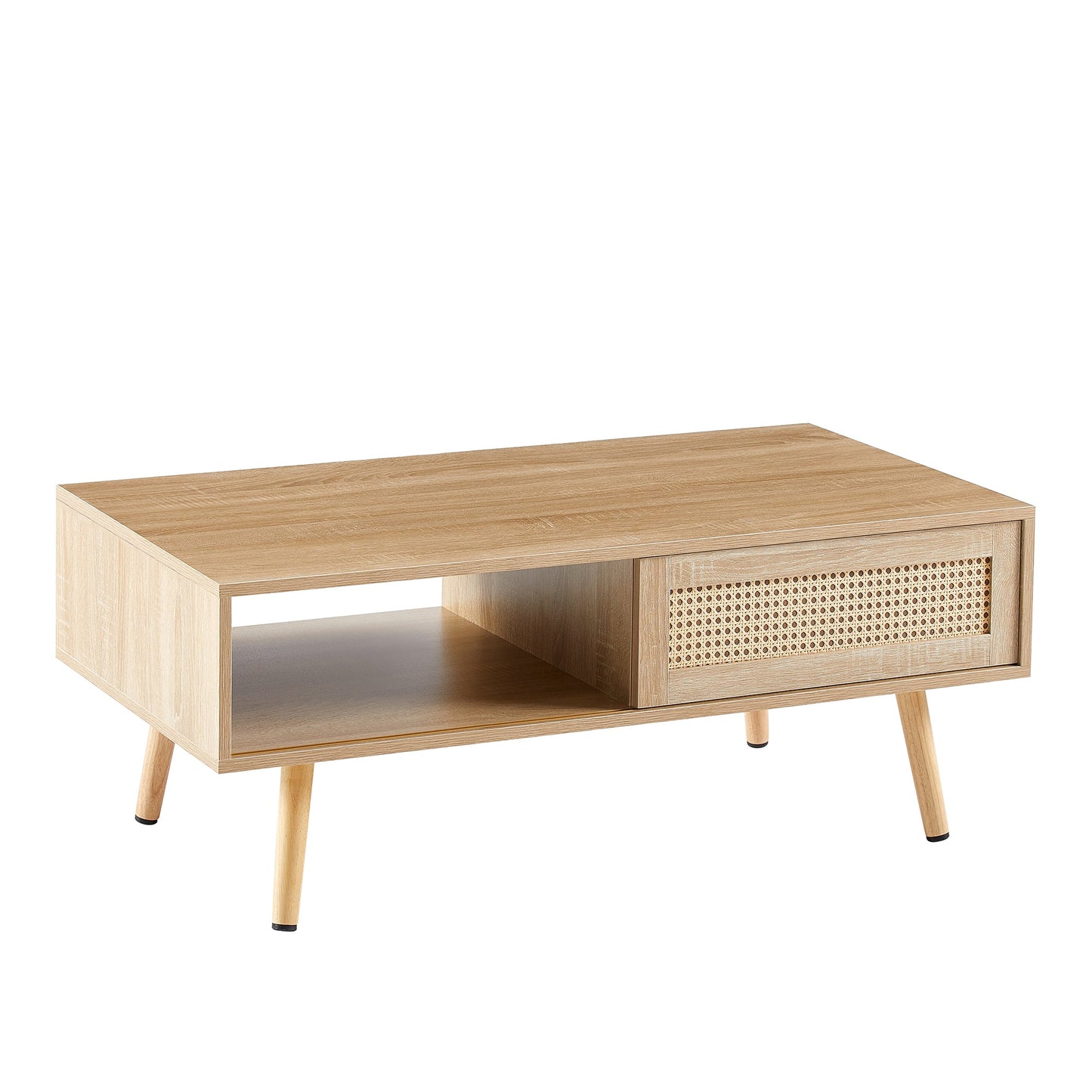 41.34" Rattan Coffee table sliding door for storage solid wood legs Modern table for living room natural