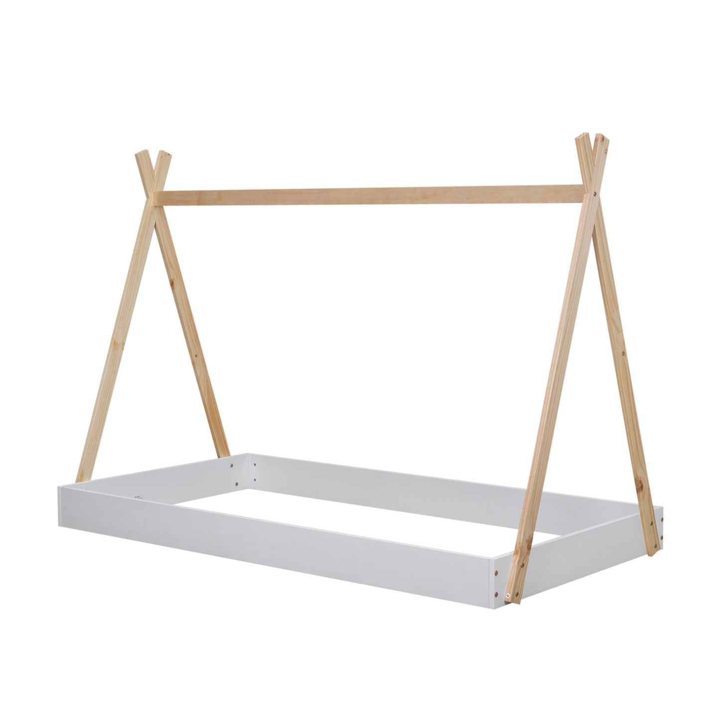Twin Size Tent Floor Bed with Triangle Structure White+Natural