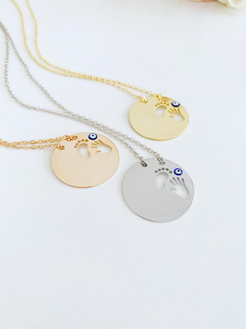 New Baby Necklace, Evil Eye Necklace, Foot Hand print, New Mom