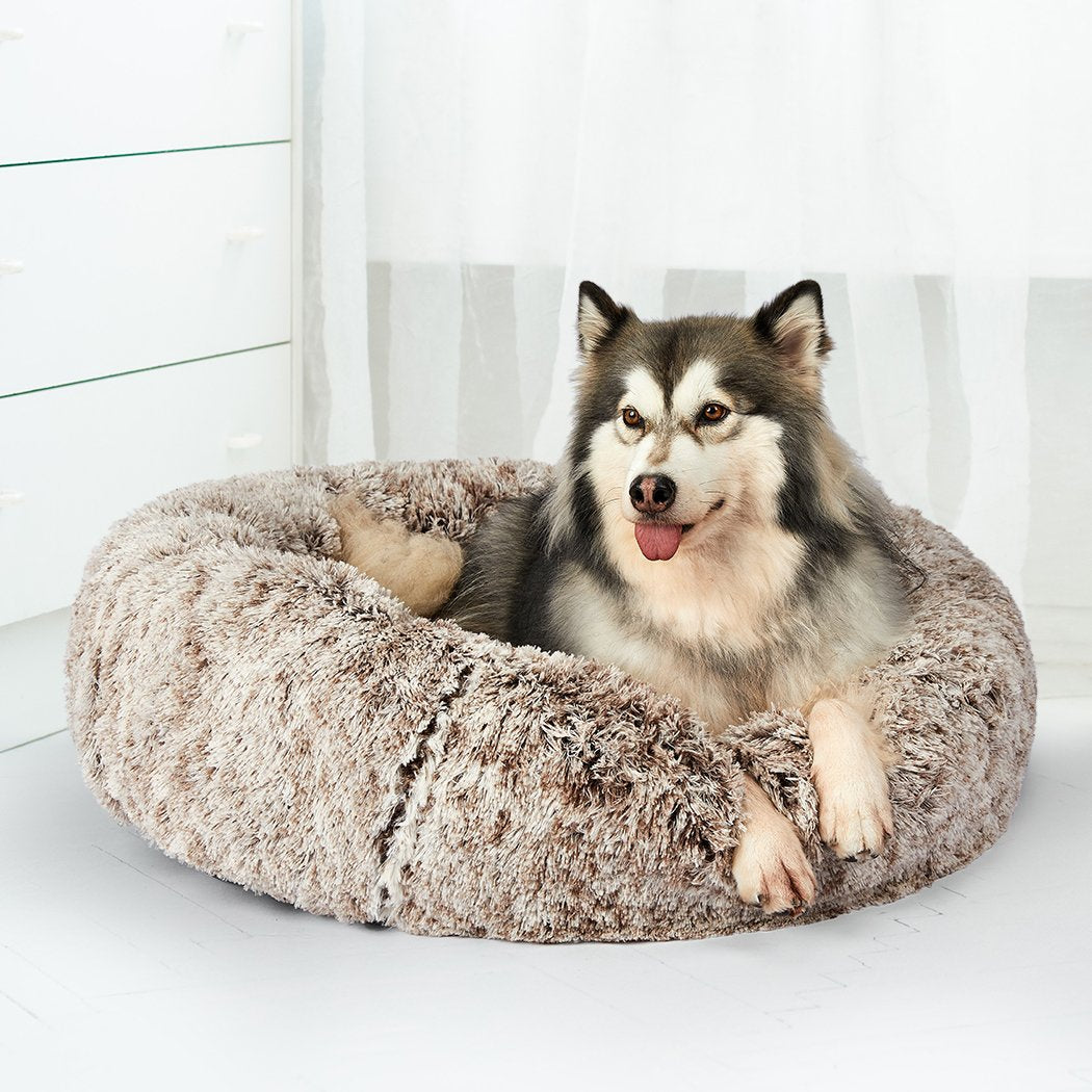 Pet Bed Cat Dog Donut Nest Calming Mat Soft Plush Kennel Coffee M