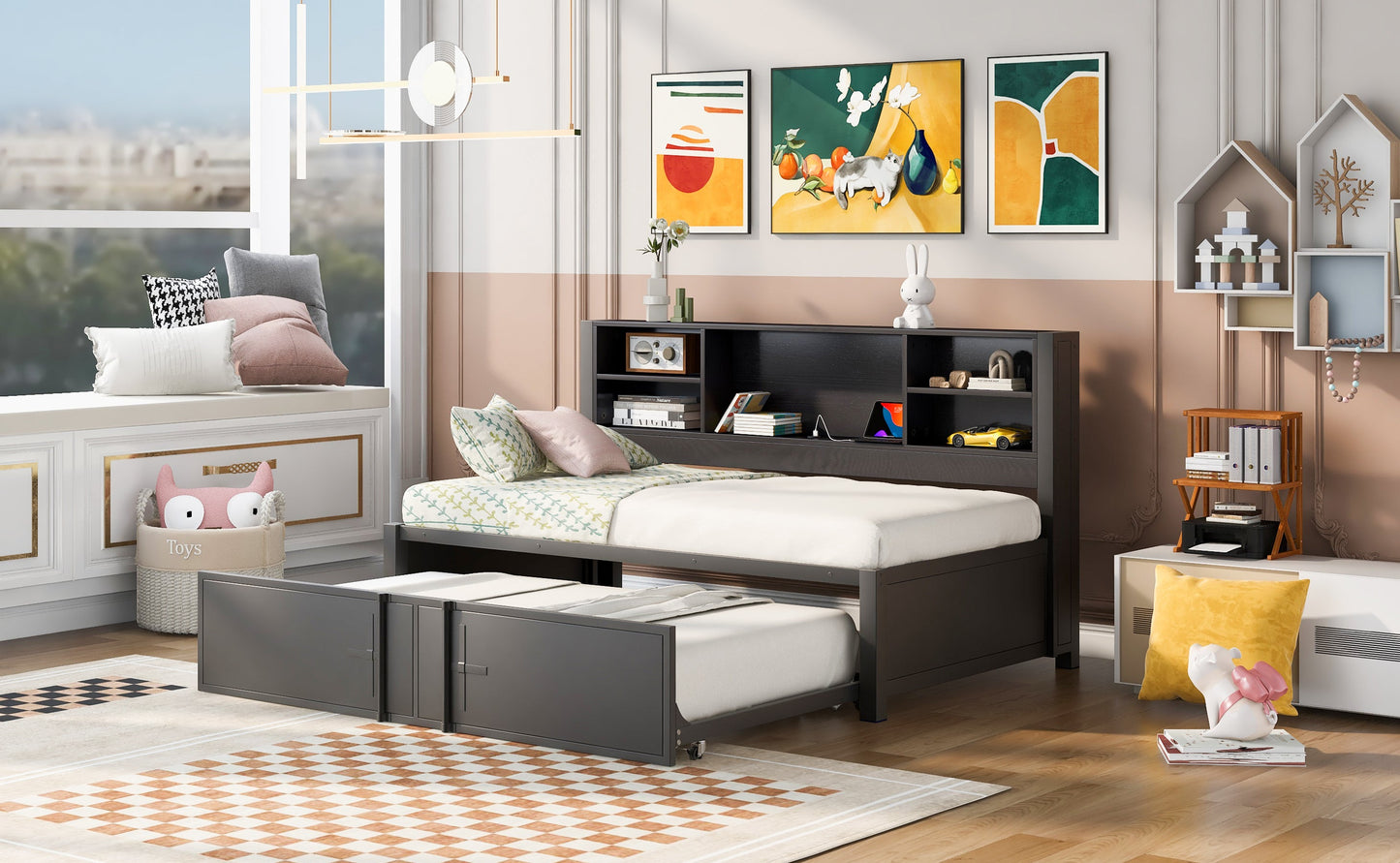 Metal Twin Size Daybed with Twin Size Trundle  Storage Shelves and USB Ports  Black