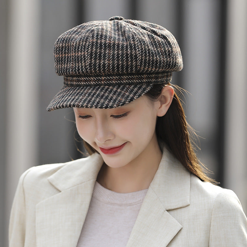 Navy Octagonal Cap Children's Woolen Houndstooth