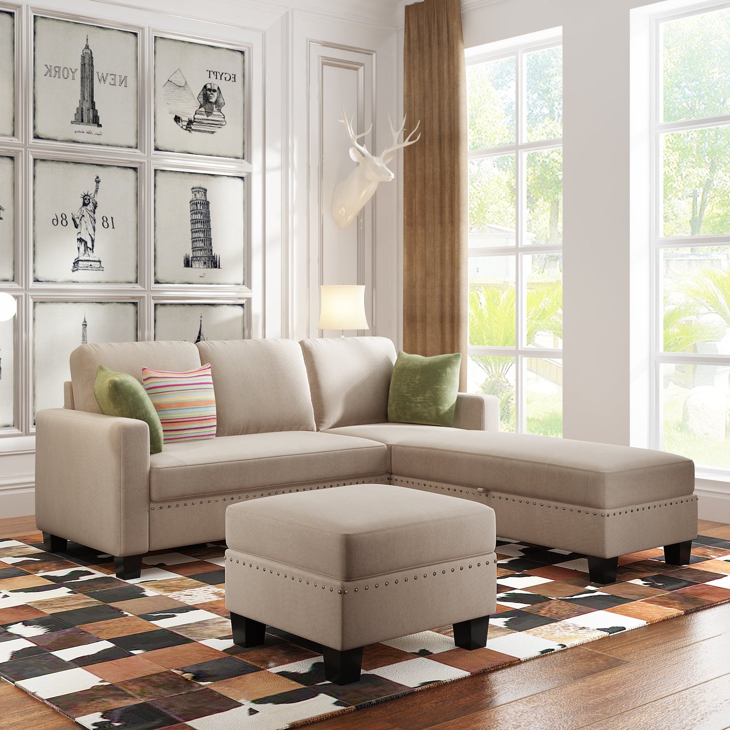 [New] [VIDEO provided] 81.1*76.3*35" Reversible Sectional Couch with Storage Ottoman L-Shaped Sofa Warm Grey