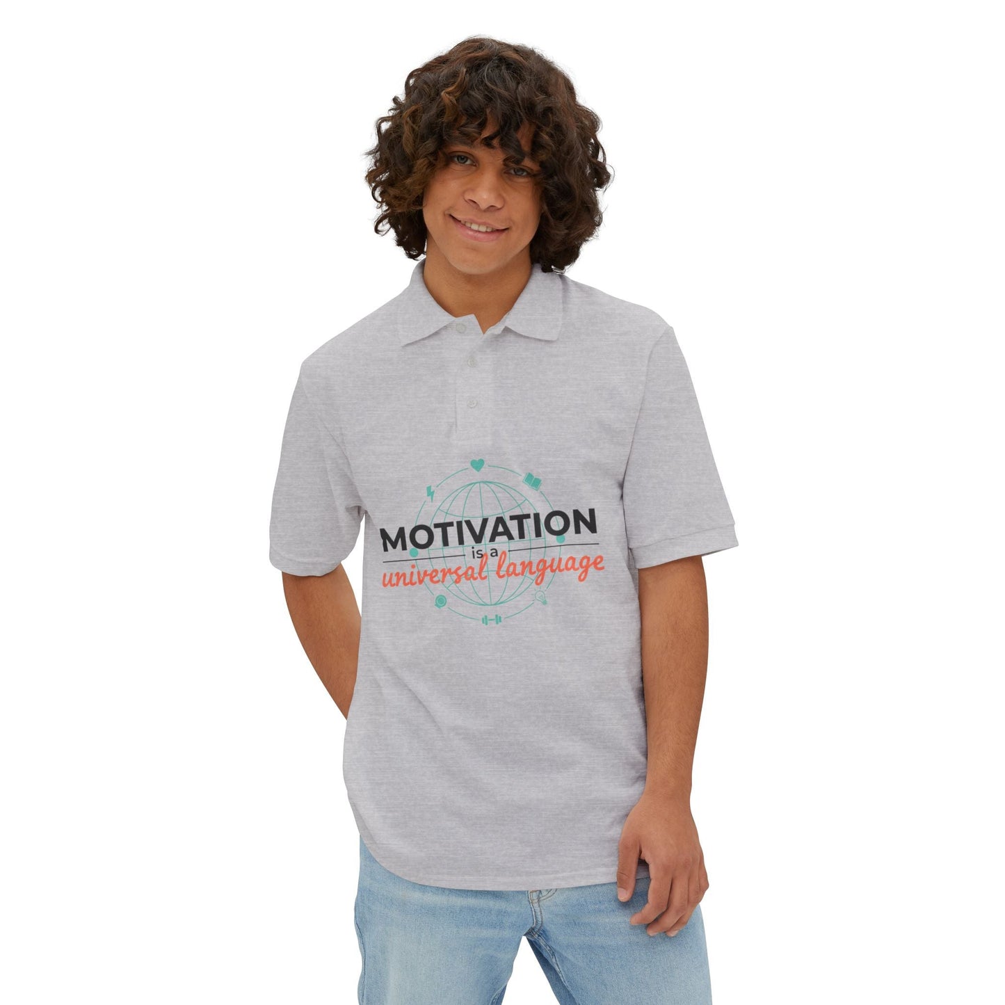 Motivation Is a Universal Language Polo — Tristan's Treehouse Men's Piqué