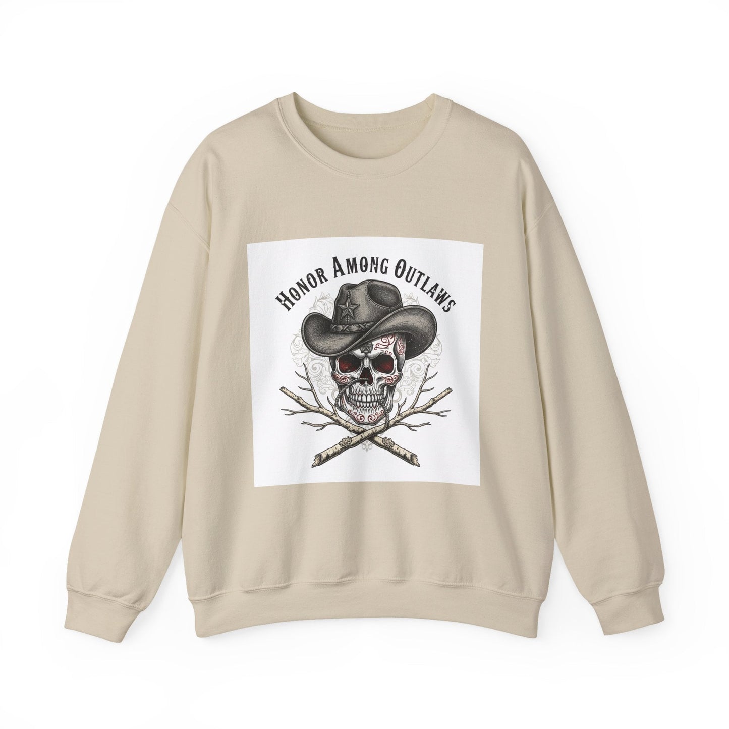 Honor Among Outlaws Crewneck, western skull art | gothic Americana, desert noir design