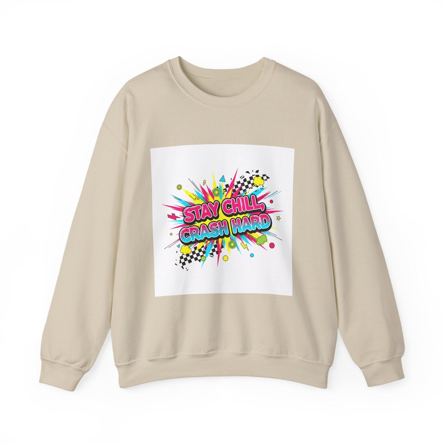 Stay Chill Crash Out Crewneck Sweatshirt | neon graffiti meltdown design