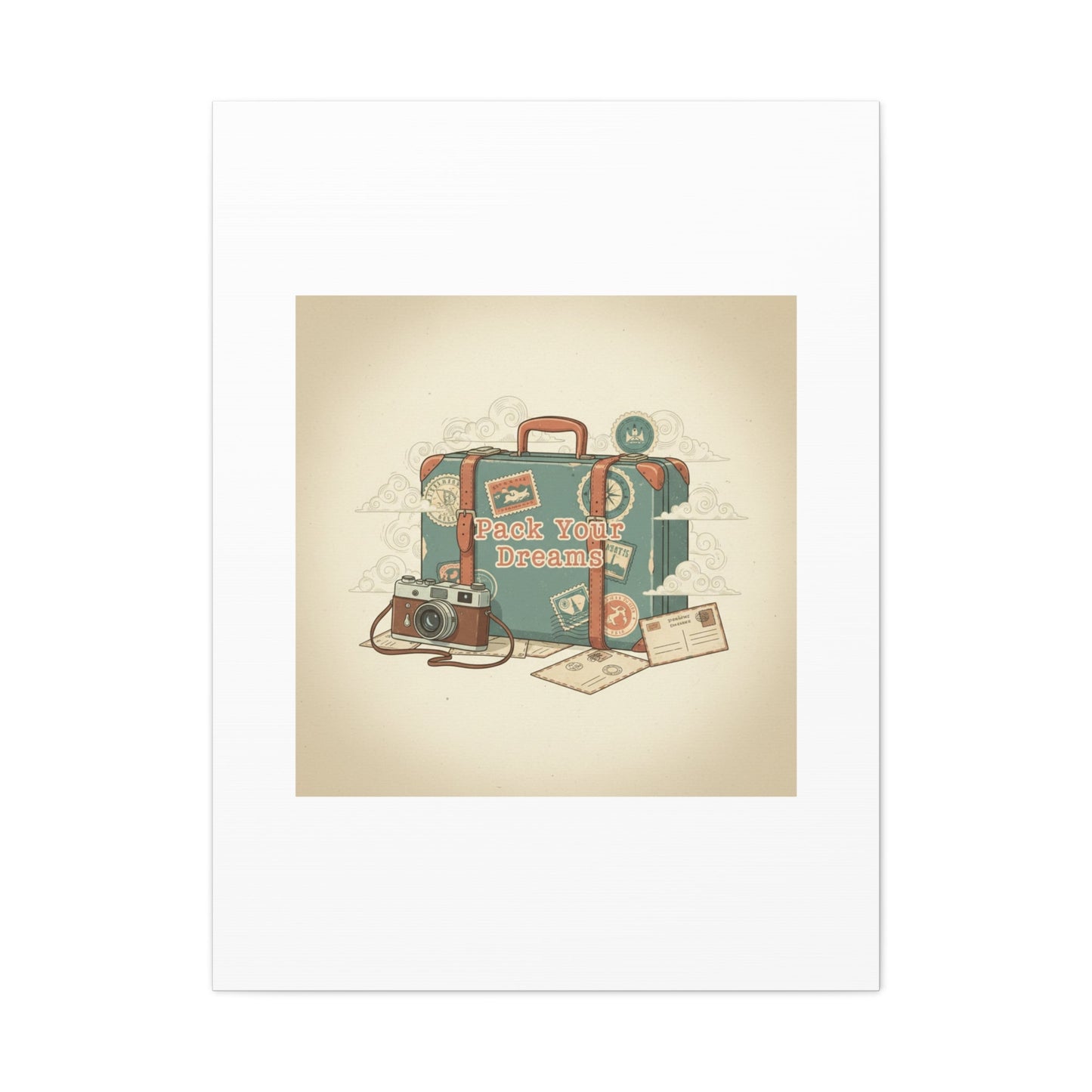 Pack Your Dreams Canvas | Retro Travel Postcard, Wanderlust Passport Stamp Art