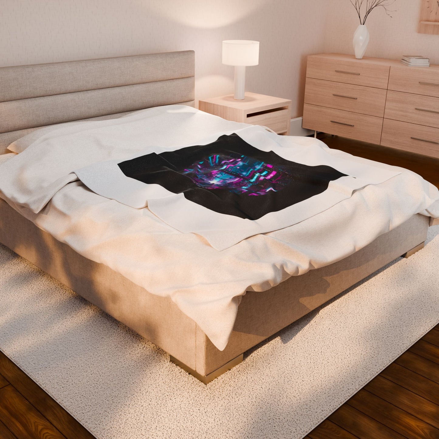 Neon Cyberpunk Cityscape Velveteen Plush Blanket | synthwave skyline