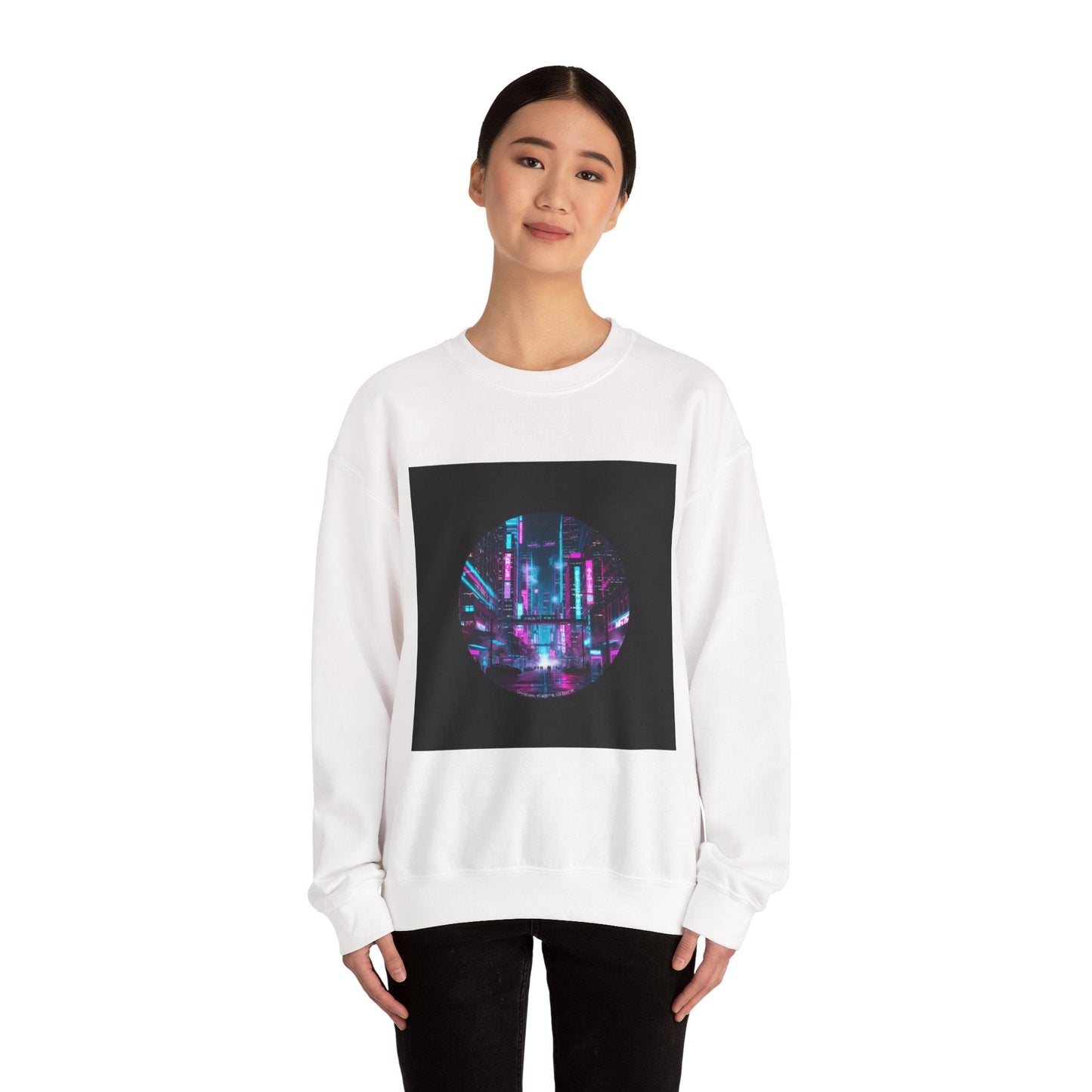 Neon Cyberpunk Skyline Sweatshirt | synthwave cityscape, future city art