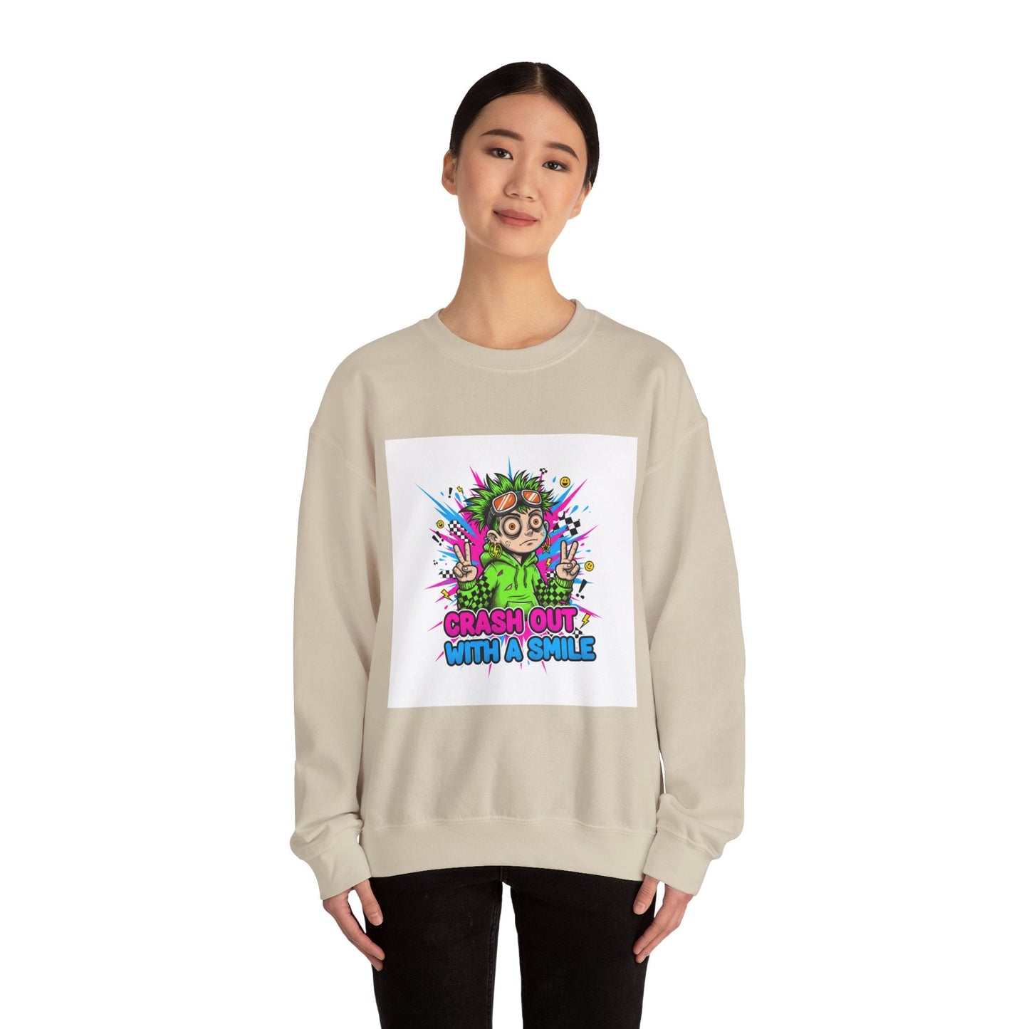 Crash Out With a Smile Sweatshirt | neon graffiti, meltdown streetwear