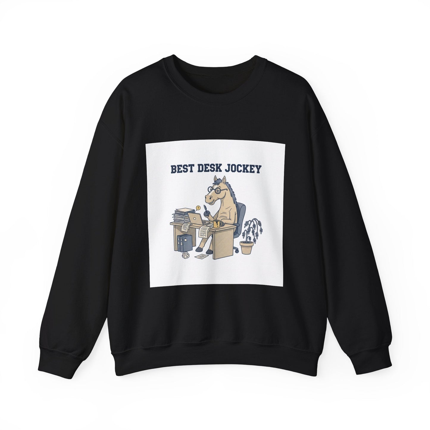 Workhorse Desk Jockey Sweatshirt | corporate burnout parody, collegiate horse design