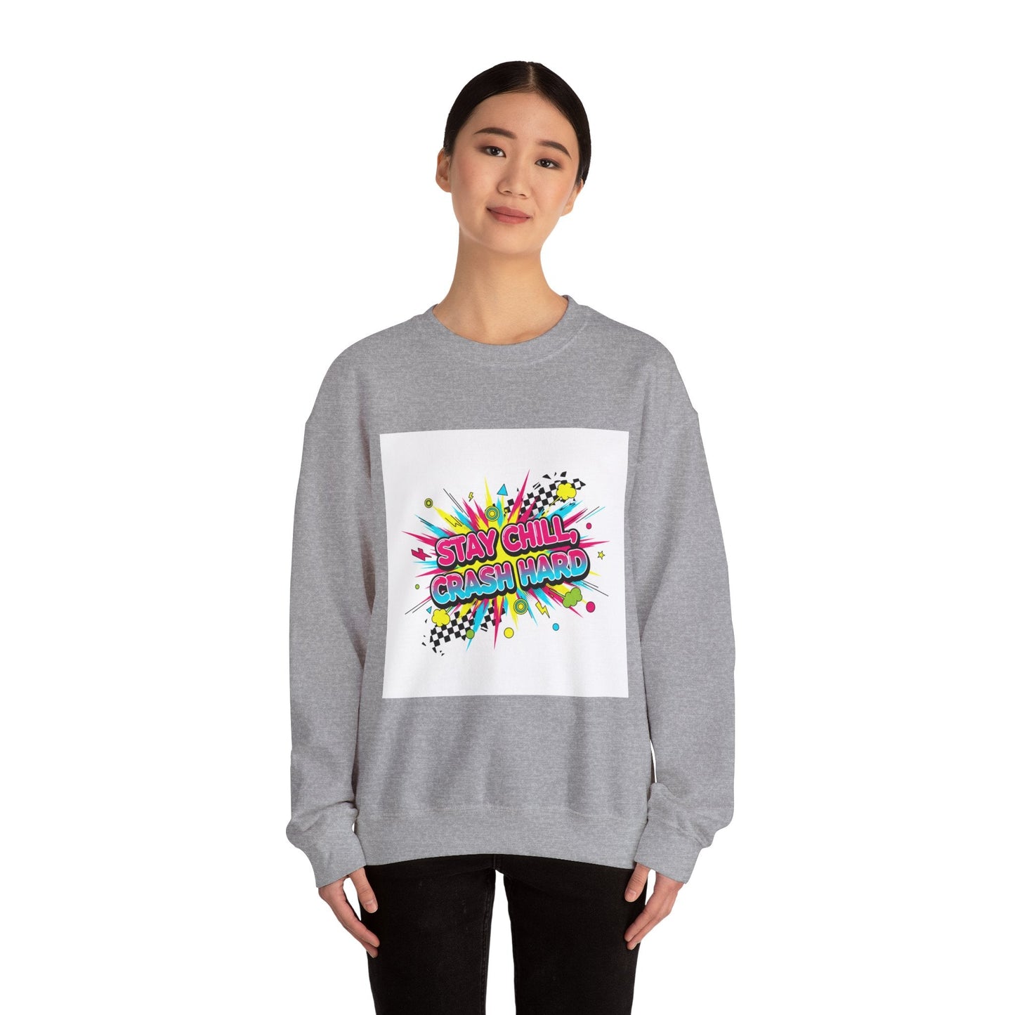 Stay Chill Crash Out Crewneck Sweatshirt | neon graffiti meltdown design