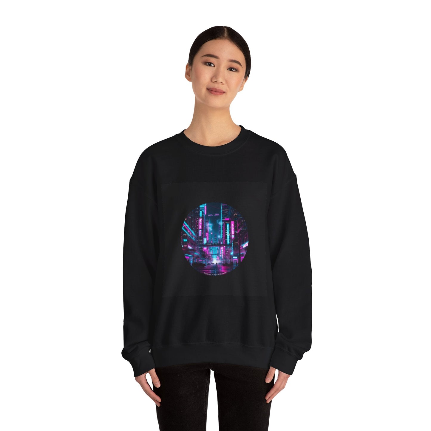 Neon Cyberpunk Skyline Sweatshirt | synthwave cityscape, future city art
