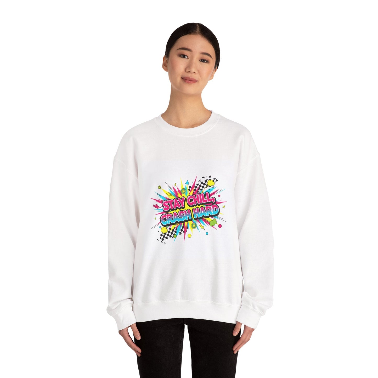 Stay Chill Crash Out Crewneck Sweatshirt | neon graffiti meltdown design