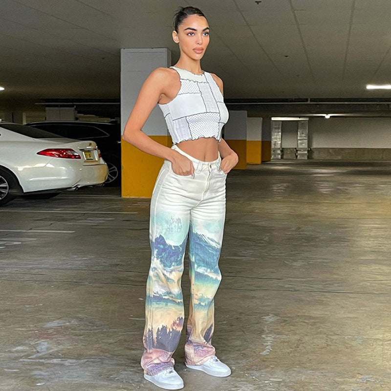 High Waist Straight Print Slim Street Trend All-match Casual Pants