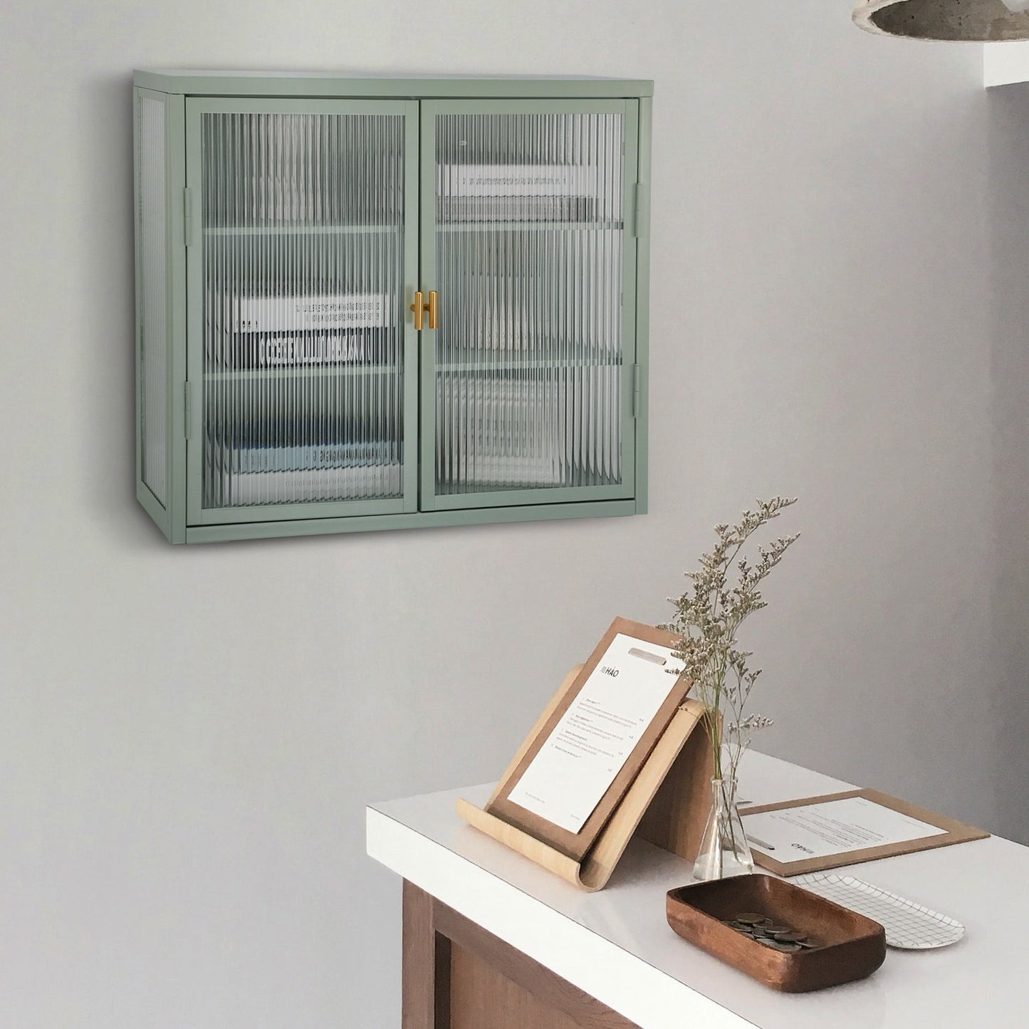 Retro Style Haze Double Glass Door Wall Cabinet With Detachable Shelves for Office Dining Room Living Room Kitchen