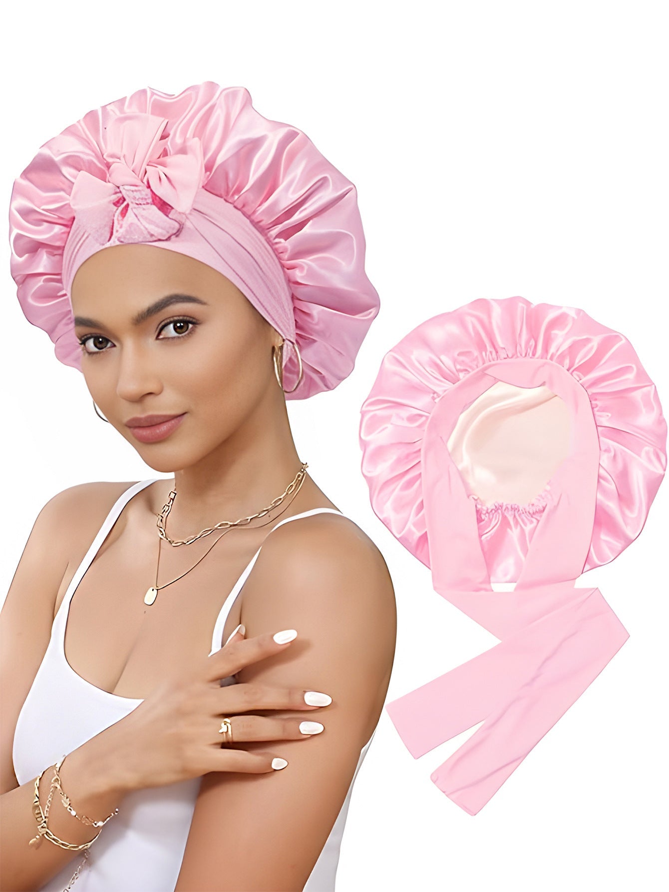 Bow bow ribbon nightcap single-layer color Ding round hat long tail hair care hat