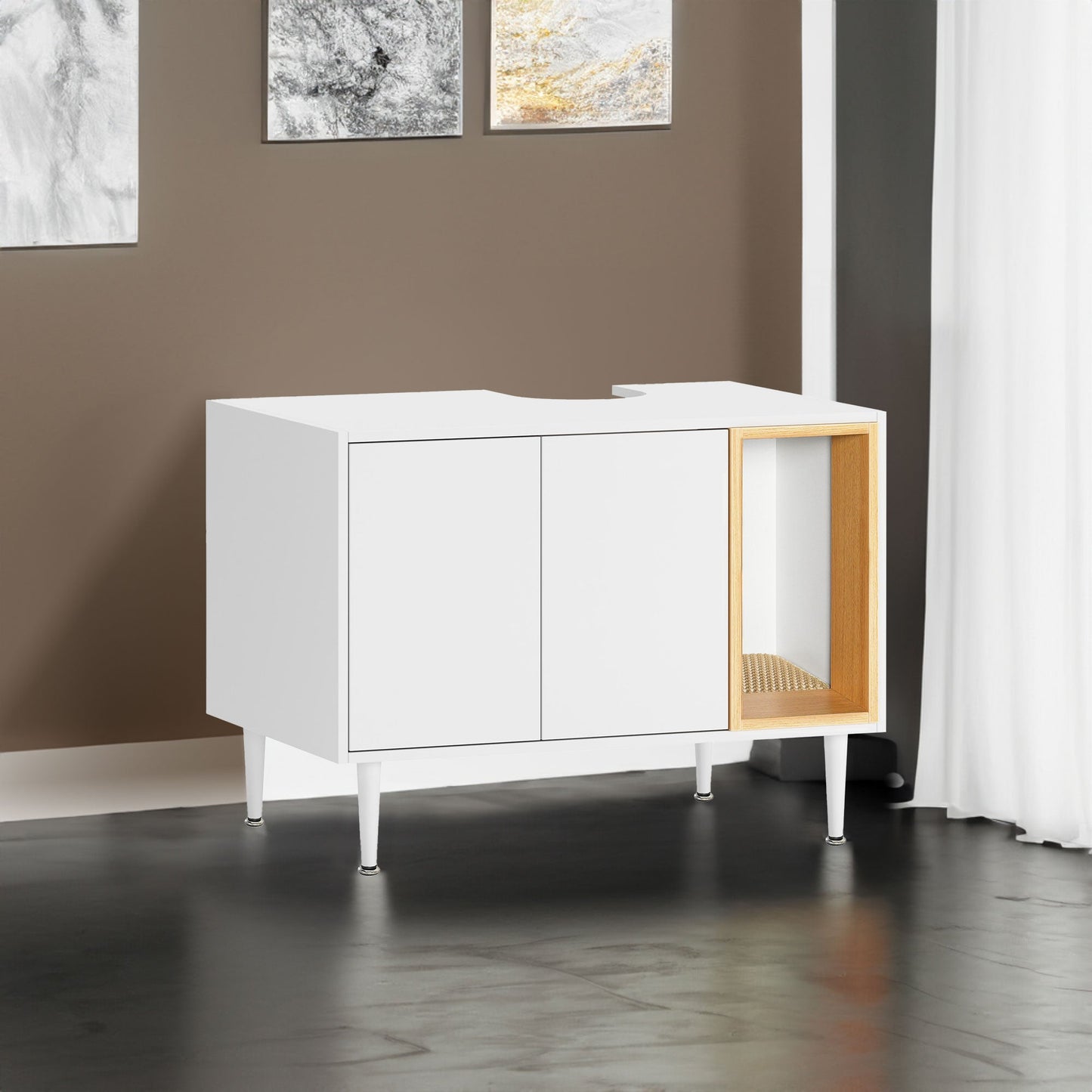 Bathroom sink cabinet, with cat trash can shell, hidden garbage pet bathroom, with partition, wooden cabinet furniture, white