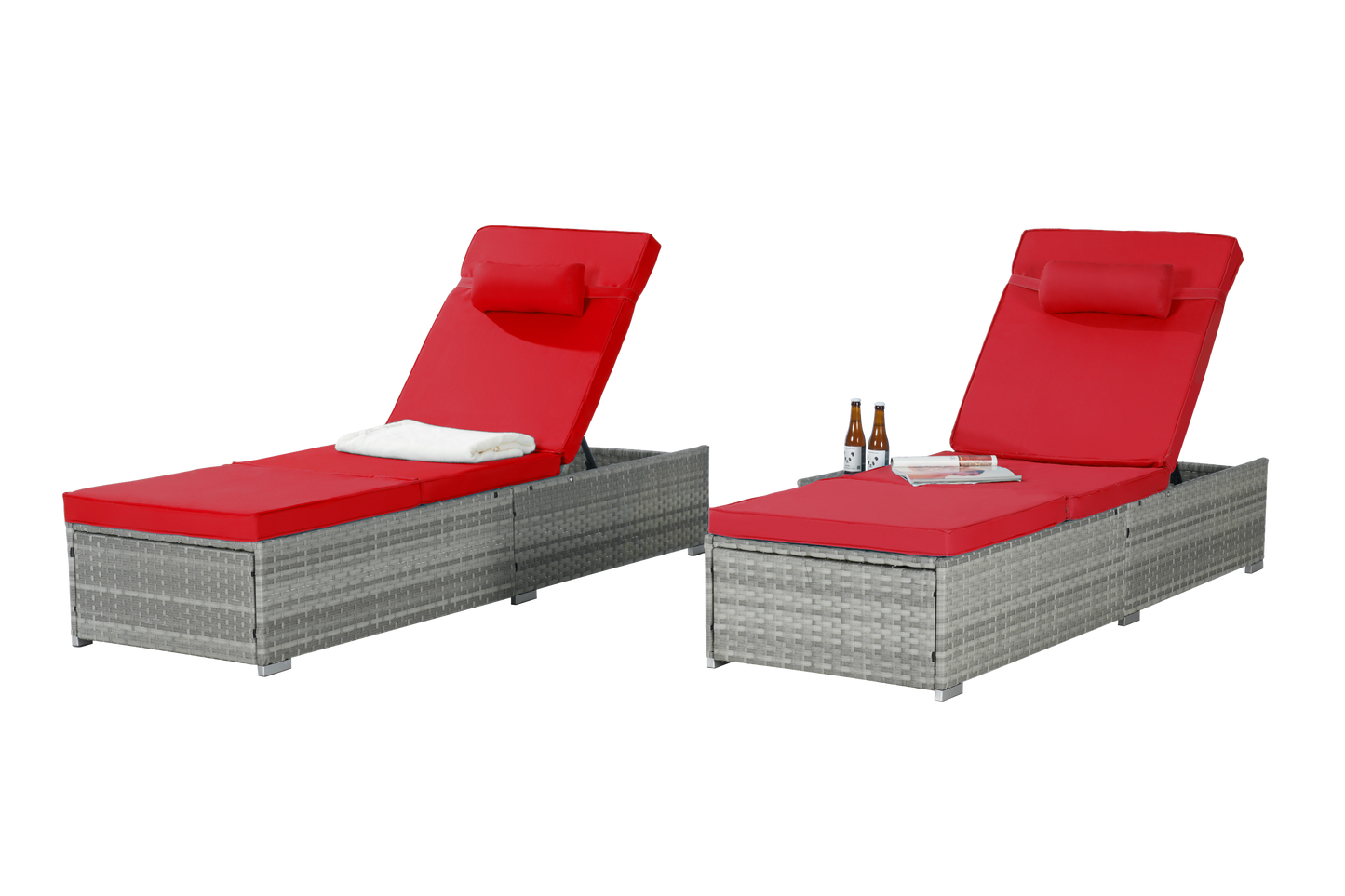 Outdoor PE Rattan Chaise Lounge Set of 2 with Table – Adjustable Patio