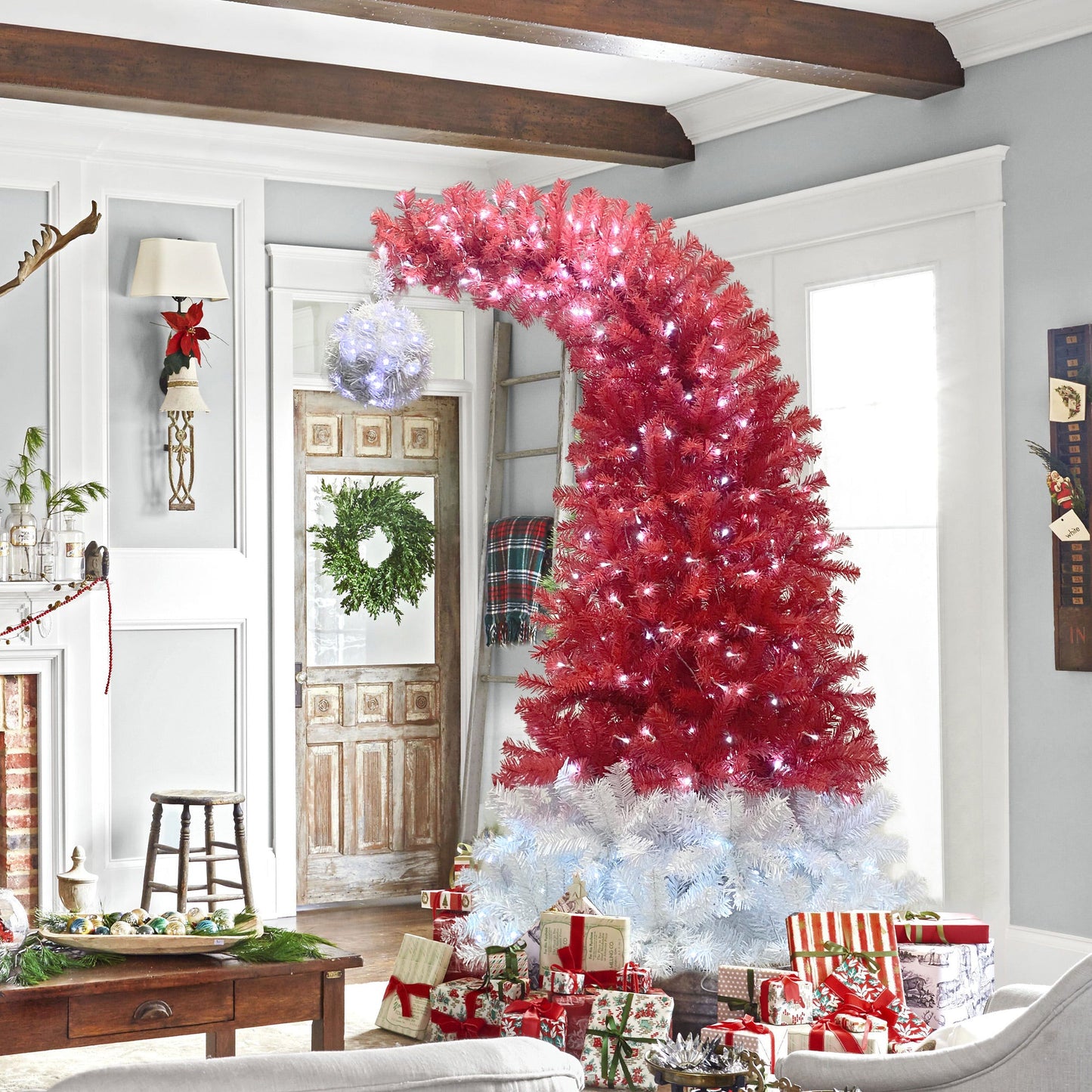 6FT hinge fir artificial fir curved top Christmas tree, bendable, 1250 lush branch hints, 300 LED Christmas lights