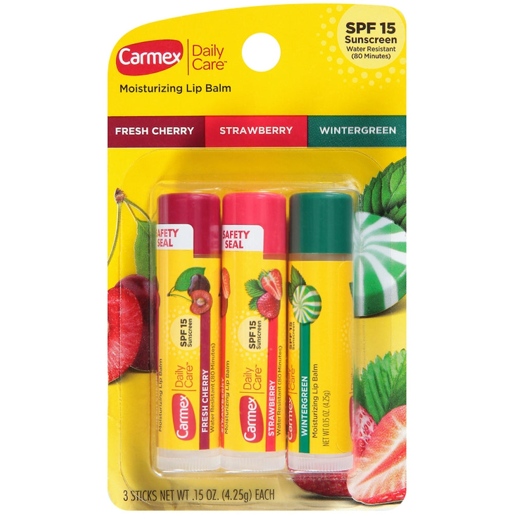 Carmex Daily Care Lip Balm Stick, Assorted Flavors, 3 Count – SPF 15 Moisturizing Lip Protection