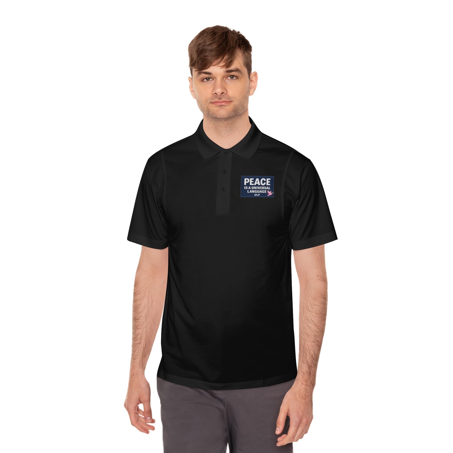 Peace & Progress Men's Polo Shirt — 'PEACE not POTENTIAL FOR WAR' Patch
