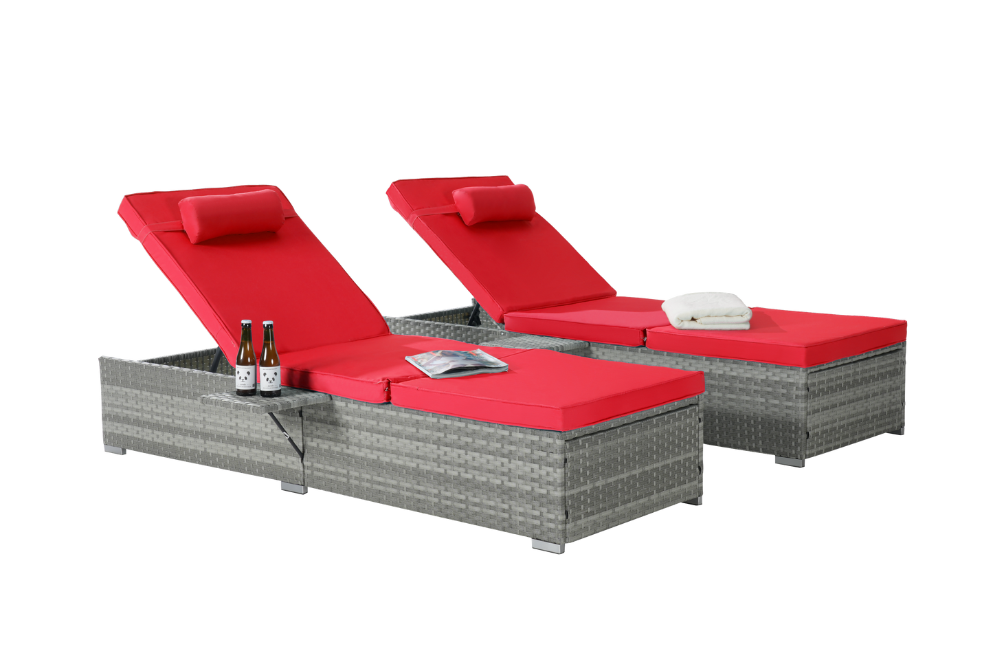 Outdoor PE Rattan Chaise Lounge Set of 2 with Table – Adjustable Patio