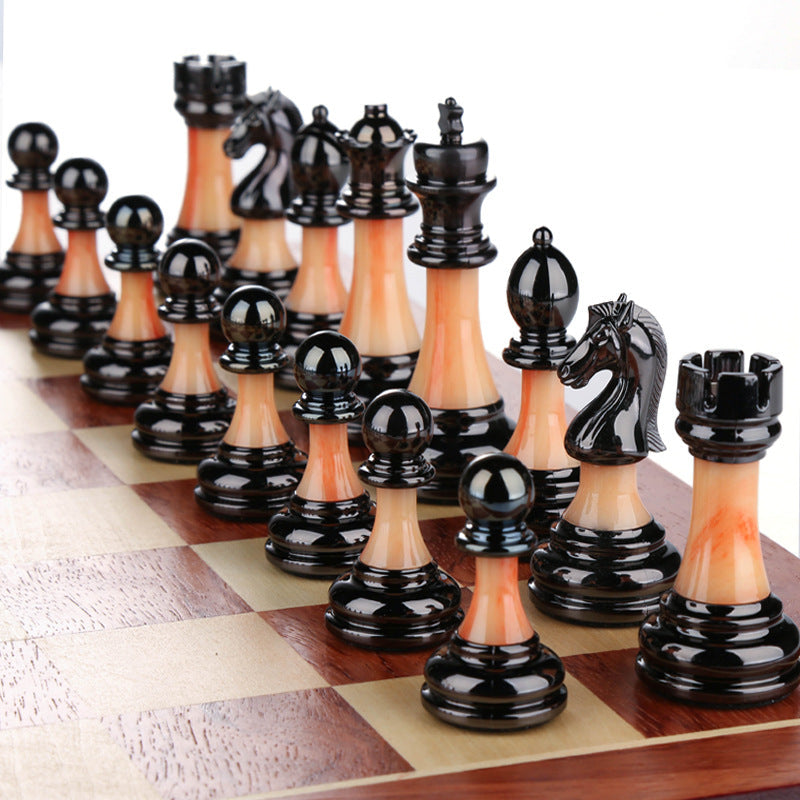Solid wood folding chessboard imitation jade chess pieces Western chess retro European ornaments