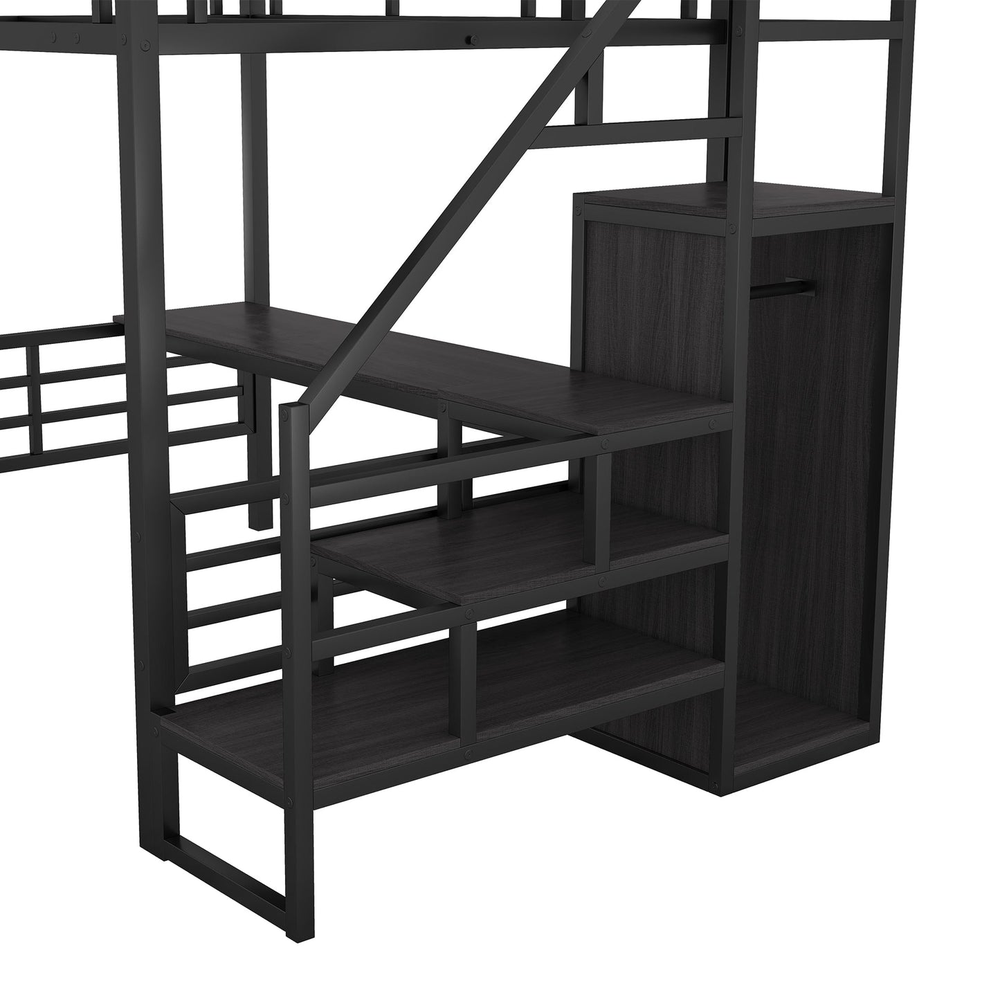 Full Size Metal Loft Bed with Desk, Storage Staircase and Small Wardrobe, Storage stairs can be installed left and right,Black