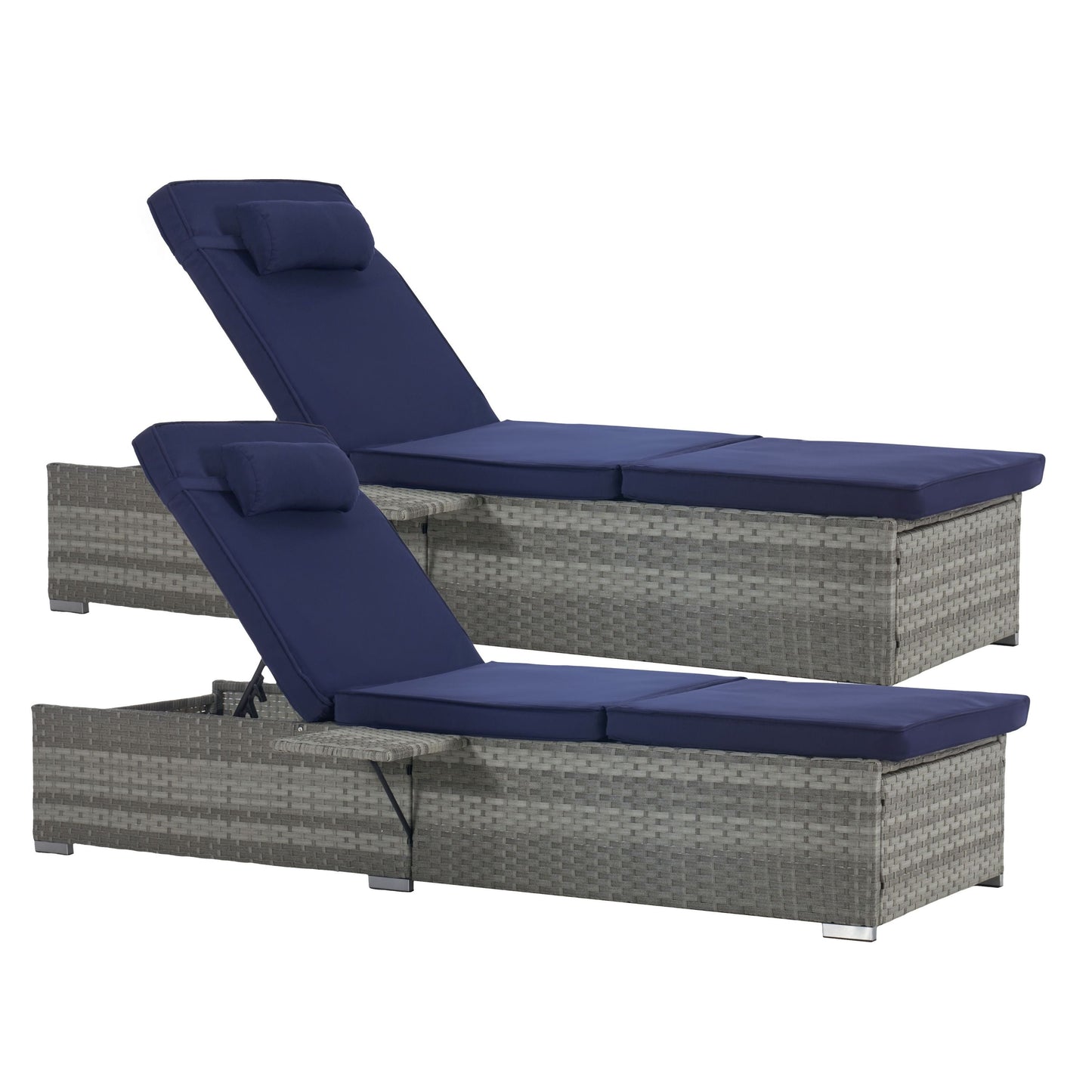 Outdoor PE Rattan Chaise Lounge Set of 2 with Table – Adjustable Patio