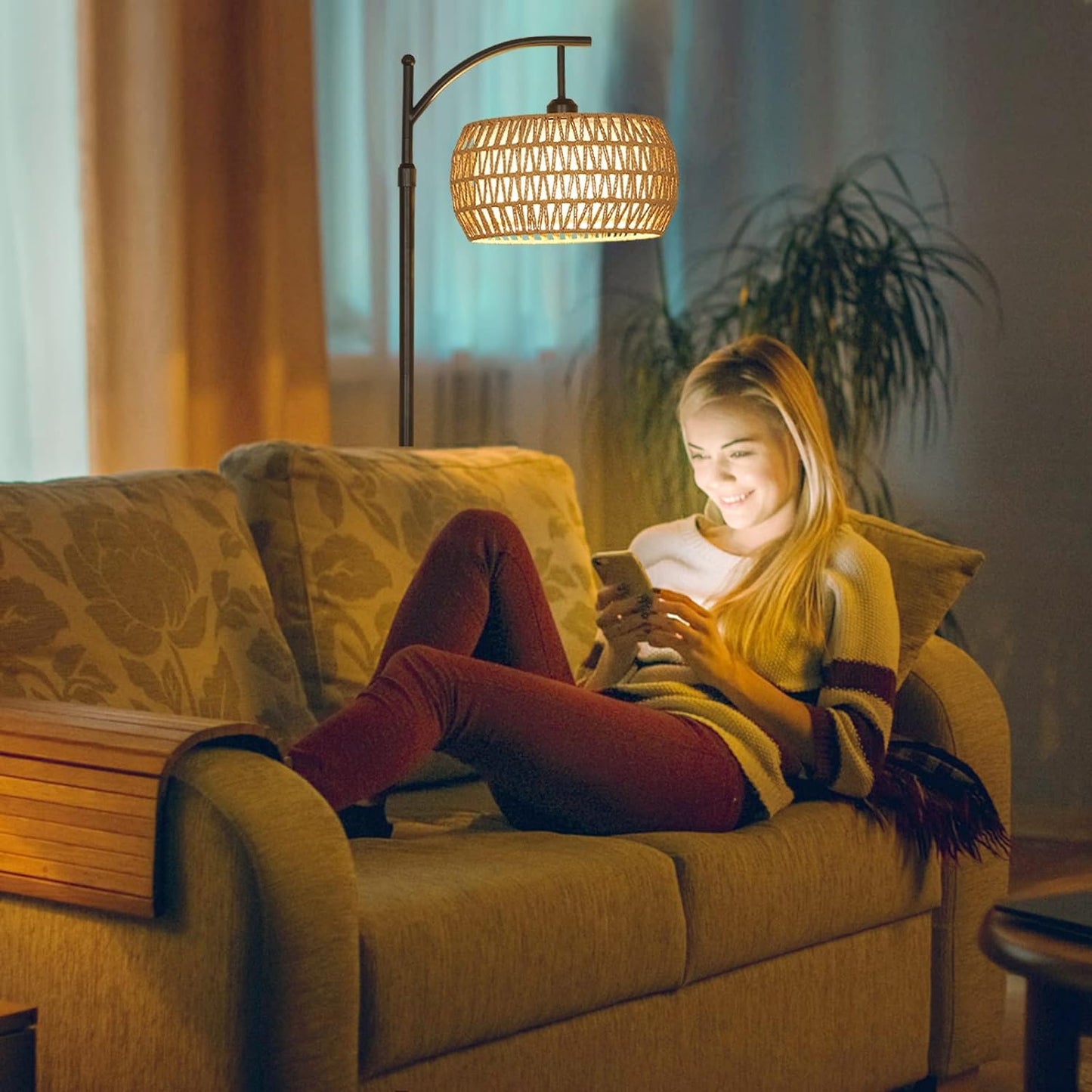 Arc Floor Lamp with Remote Control, Dimmable LED Floor Lamp with 3 Color Temperature Boho Farmhouse Tall Pole Lamp