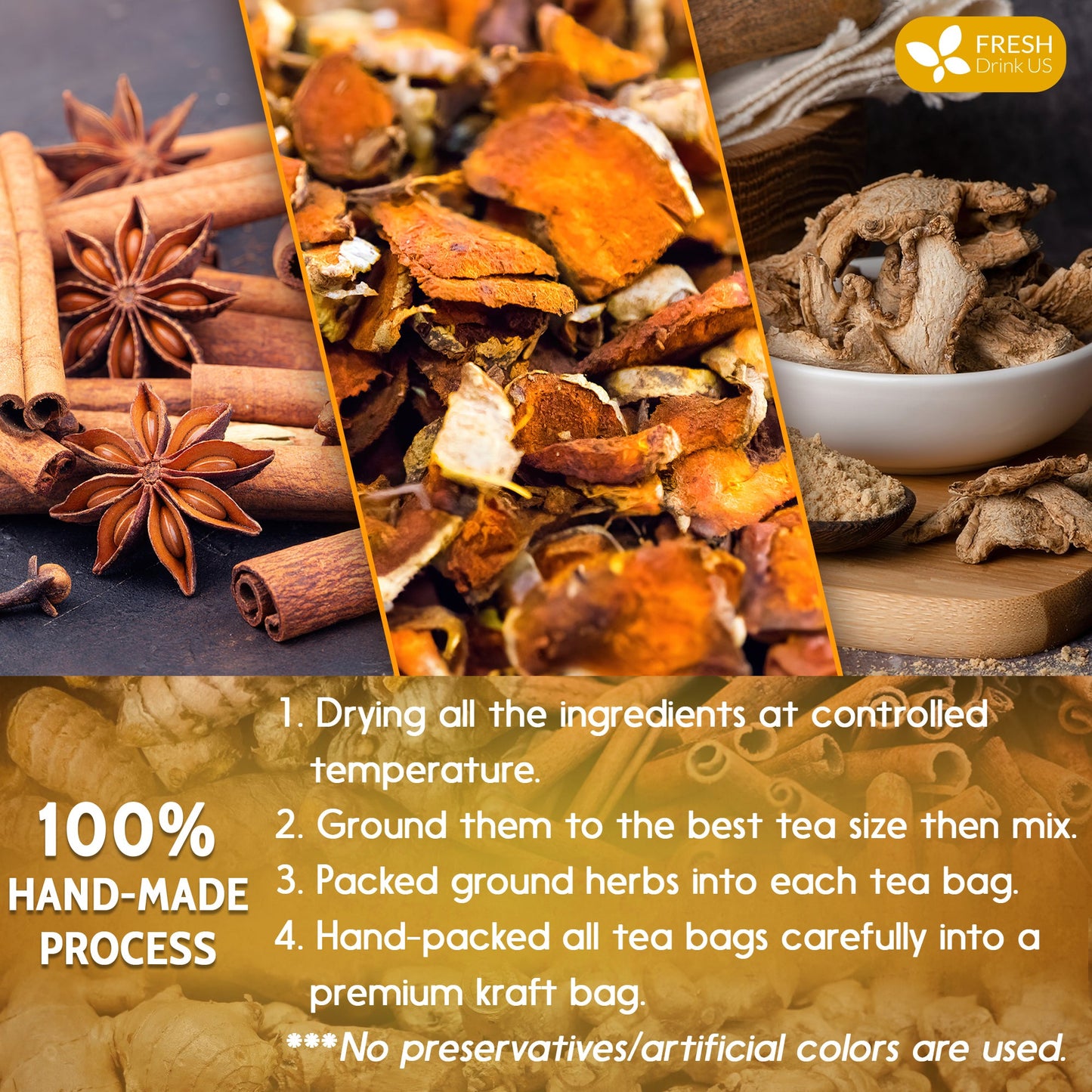Turmeric, Ginger, Cinnamon Tea, Tea Bags, 100% Natural, Hand-made Blend of Turmeric, Ginger, and Cinnamon. Eco-conscious Tea Bags. Turmeric Ginger Herbal Tea. No Sugar, No Caffeine, No Gluten, Vegan.