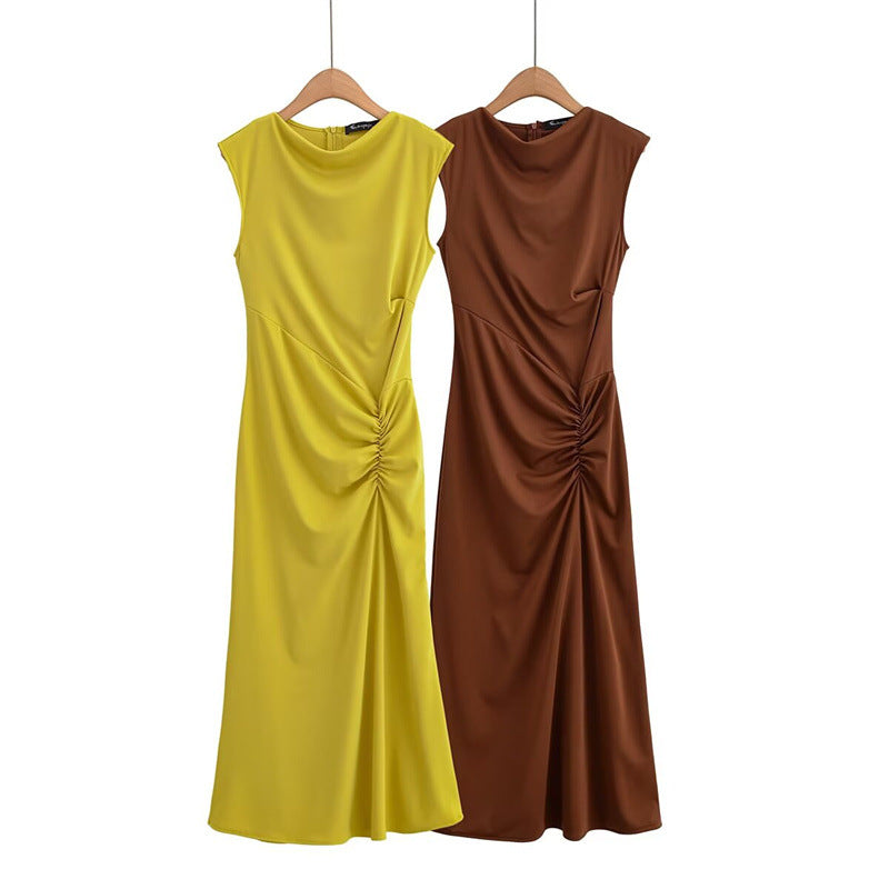 Fashionable and Sexy  Style Women's Two-color Knitted Pleated Long Dress