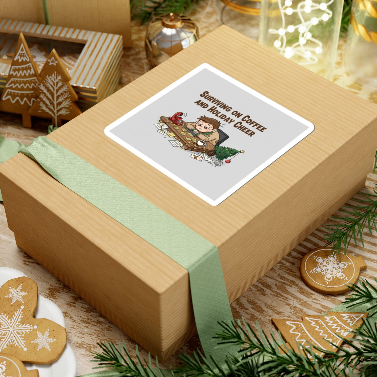 Surviving on Coffee and Holiday Cheer Sticker | Holiday Burnout Meme, festive but tired