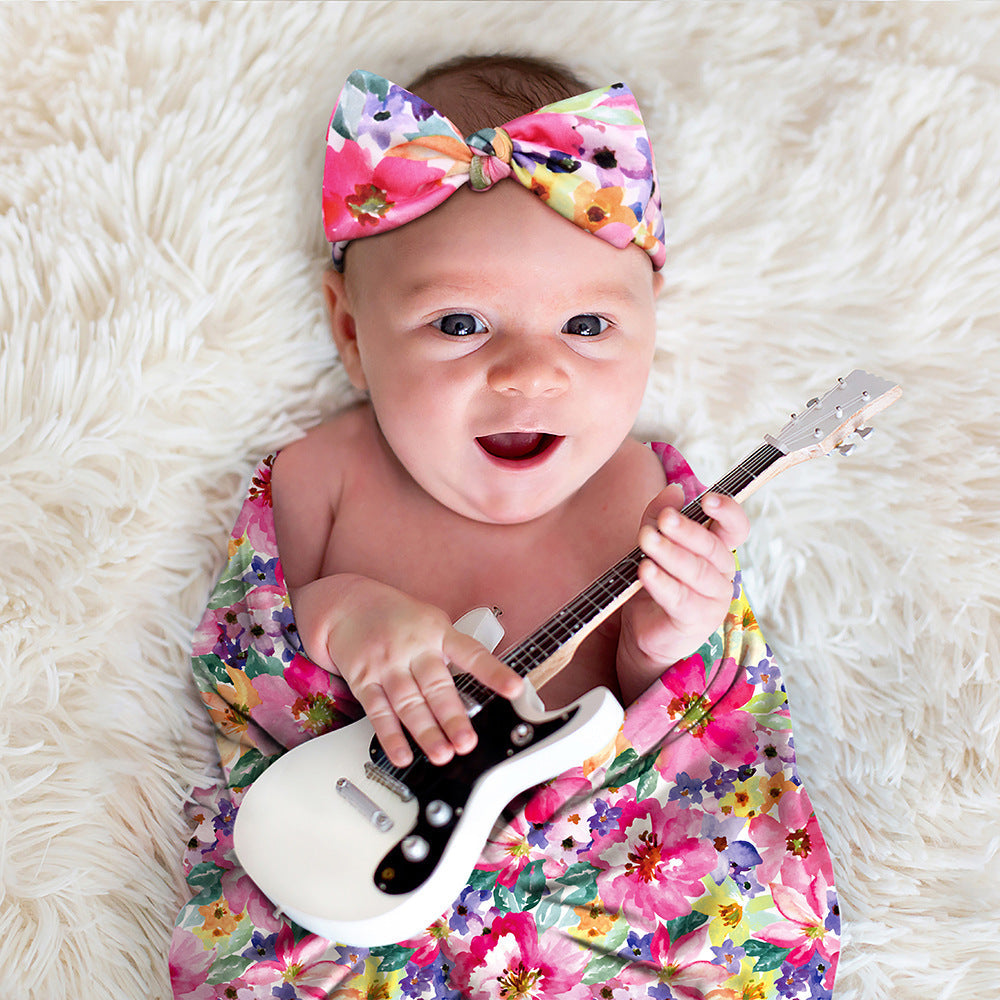 Newborn Photography Wrap Bow Hair Band Wrap Towel Set Baby Flower Blanket 2 Piece Set