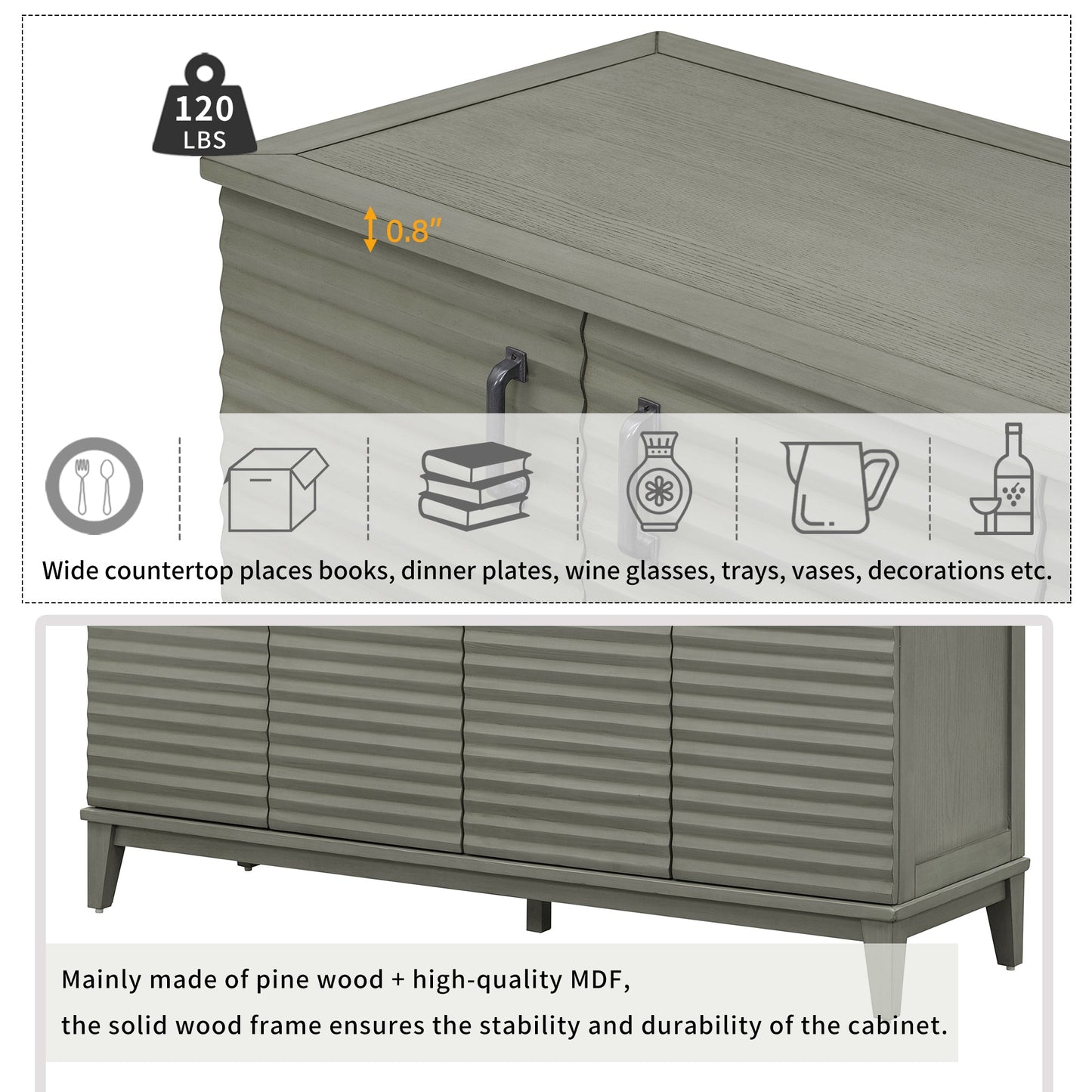 TREXM side panel with 4-door large storage buffet, adjustable shelves and metal handles (antique gray)