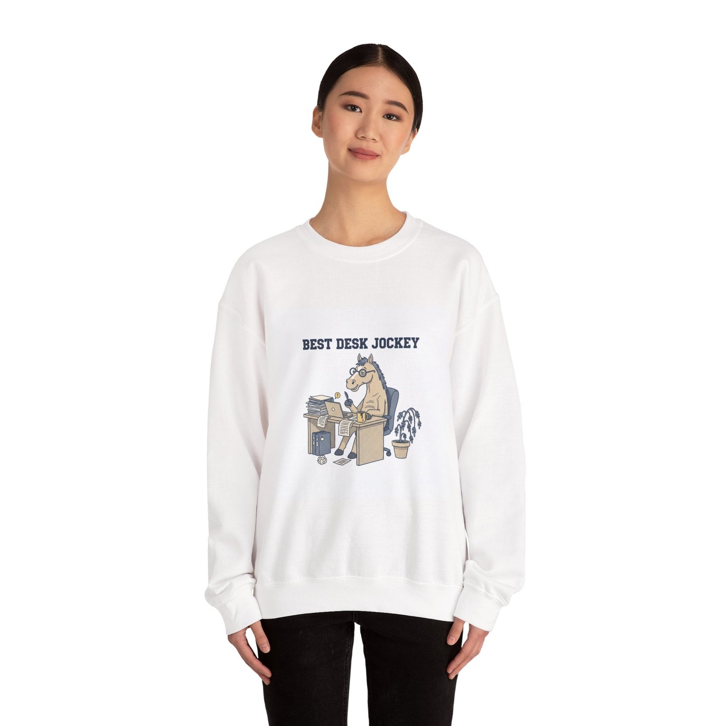 Workhorse Desk Jockey Sweatshirt | corporate burnout parody, collegiate horse design