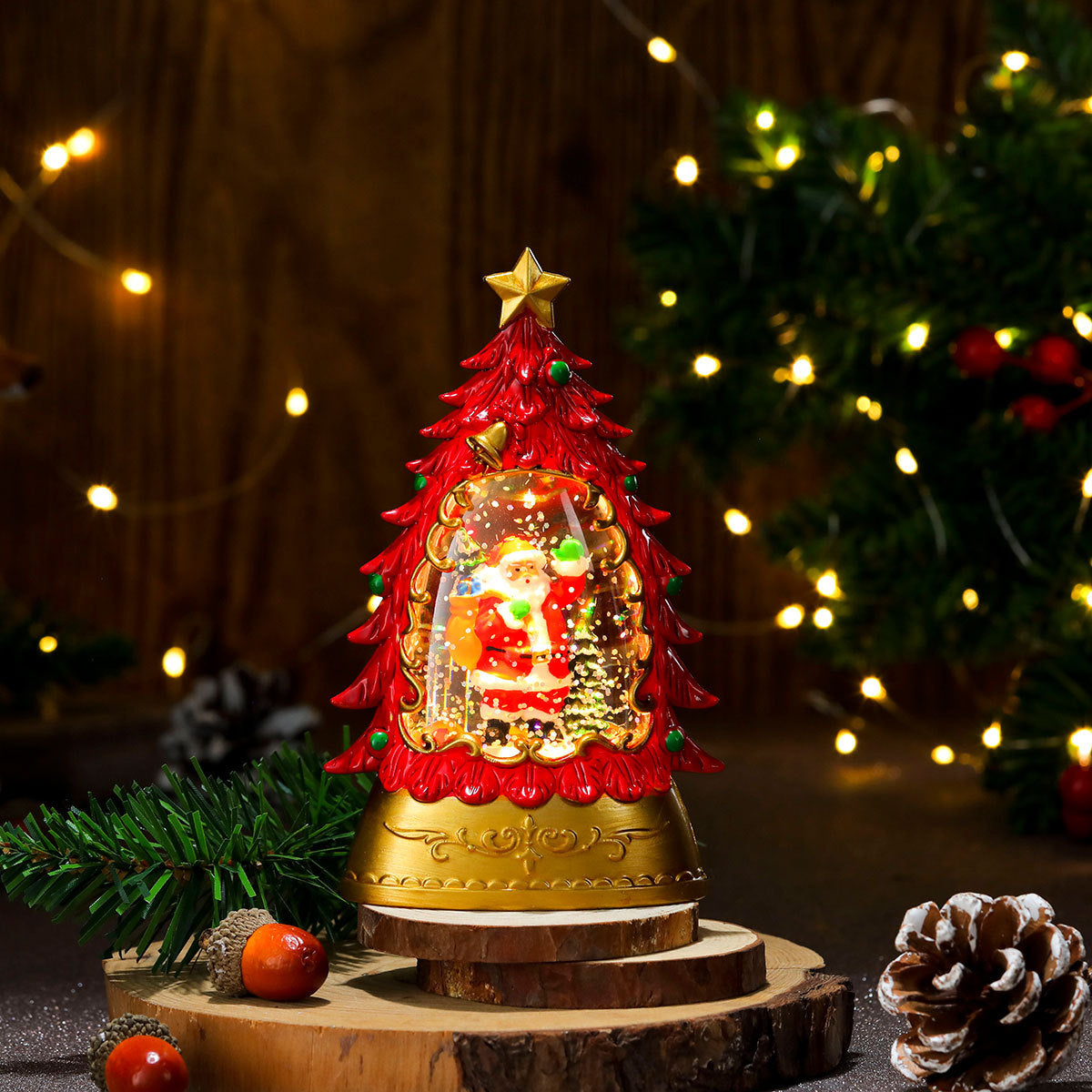 Christmas gifts, painted Christmas trees, glowing candles, oil lamps, children's small gifts, wind lamps, bar table decorations, ornaments