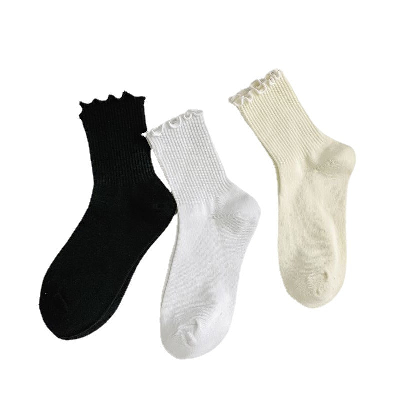 1 pair of ruffled JK socks for women mid-tube spring, autumn and summer solid color Japanese lace pile socks