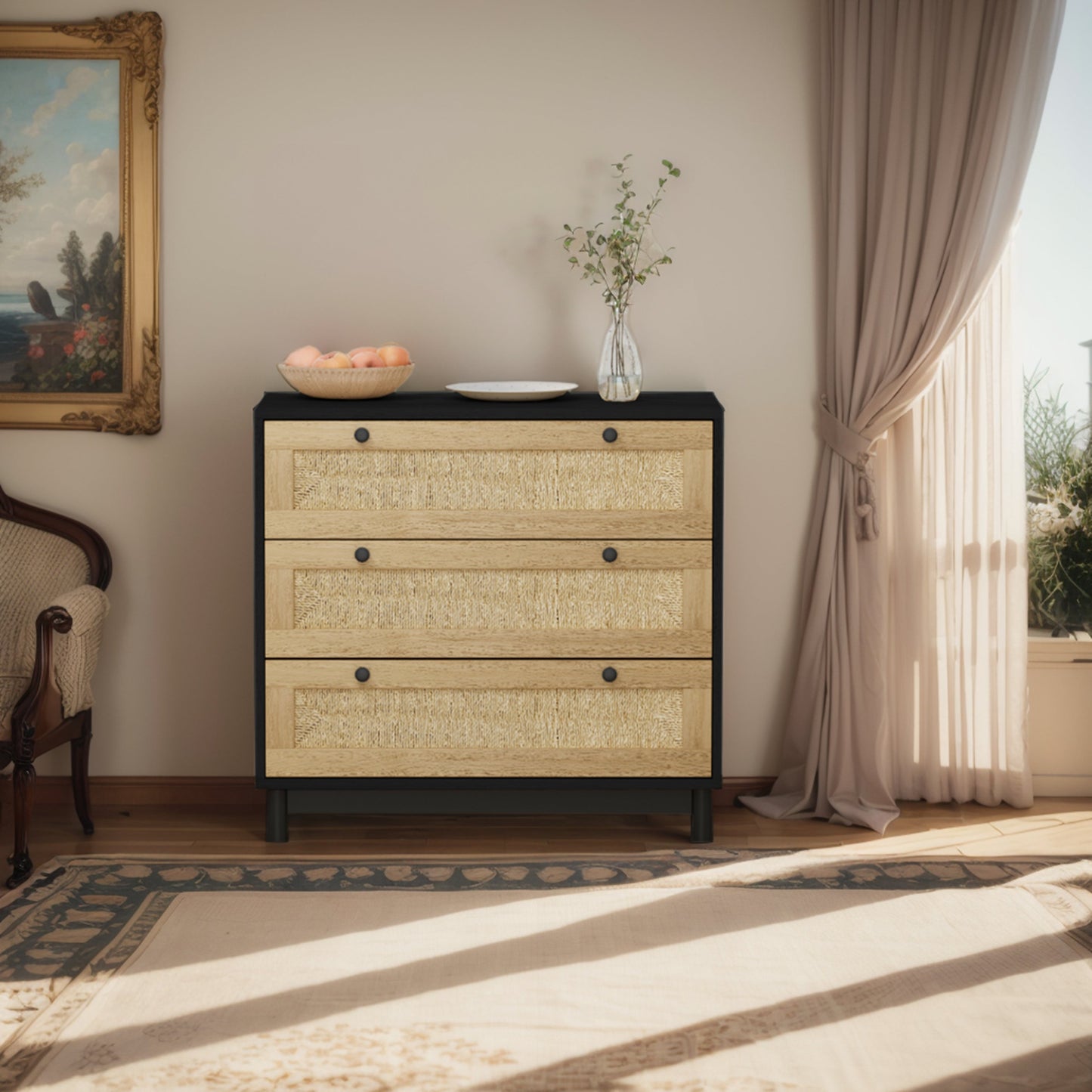 30.31"3-Drawers Storage Cabinet Rope Woven Drawer,for Bedroom,Living Room,Dining Room,Hallways,Black