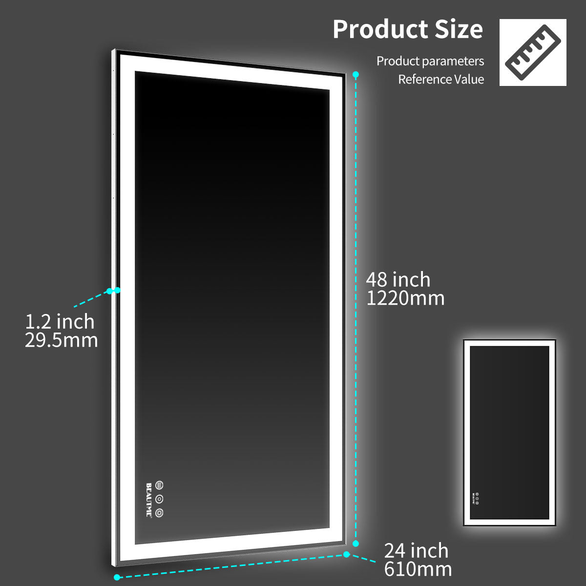 48x24 inch LED bathroom makeup mirror wall mounted adjustable light anti fog touch switch with memory intelligent large bathroom