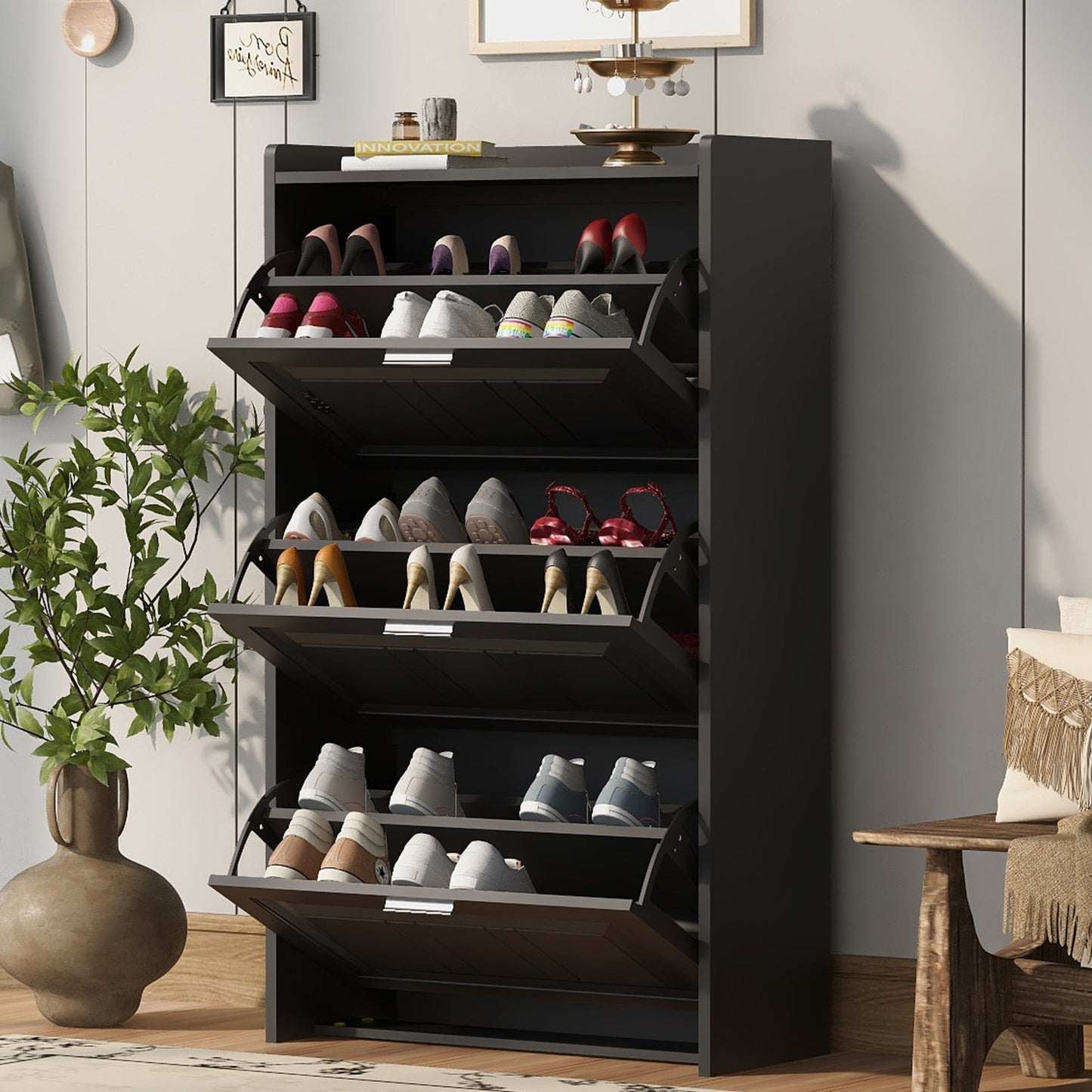 U-Can Shoe Storage Cabinet for Entryway with 3 Flip Drawers, Modern Shoe Organizer Cabinet, Free Standing Shoe Rack Black