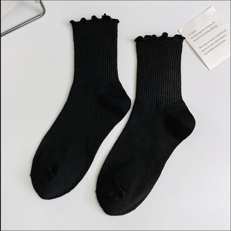 1 pair of ruffled JK socks for women mid-tube spring, autumn and summer solid color Japanese lace pile socks