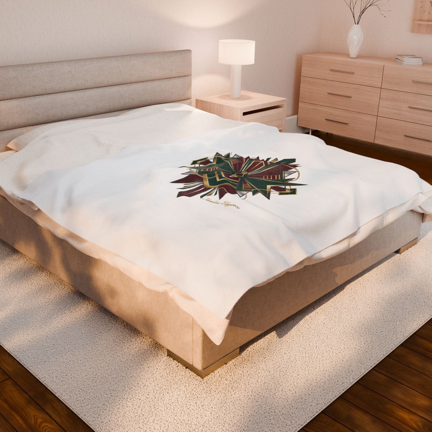 Art Deco Emerald & Burgundy Geometric Velvet Throw Blanket | Brass Chrome Fan Motif
