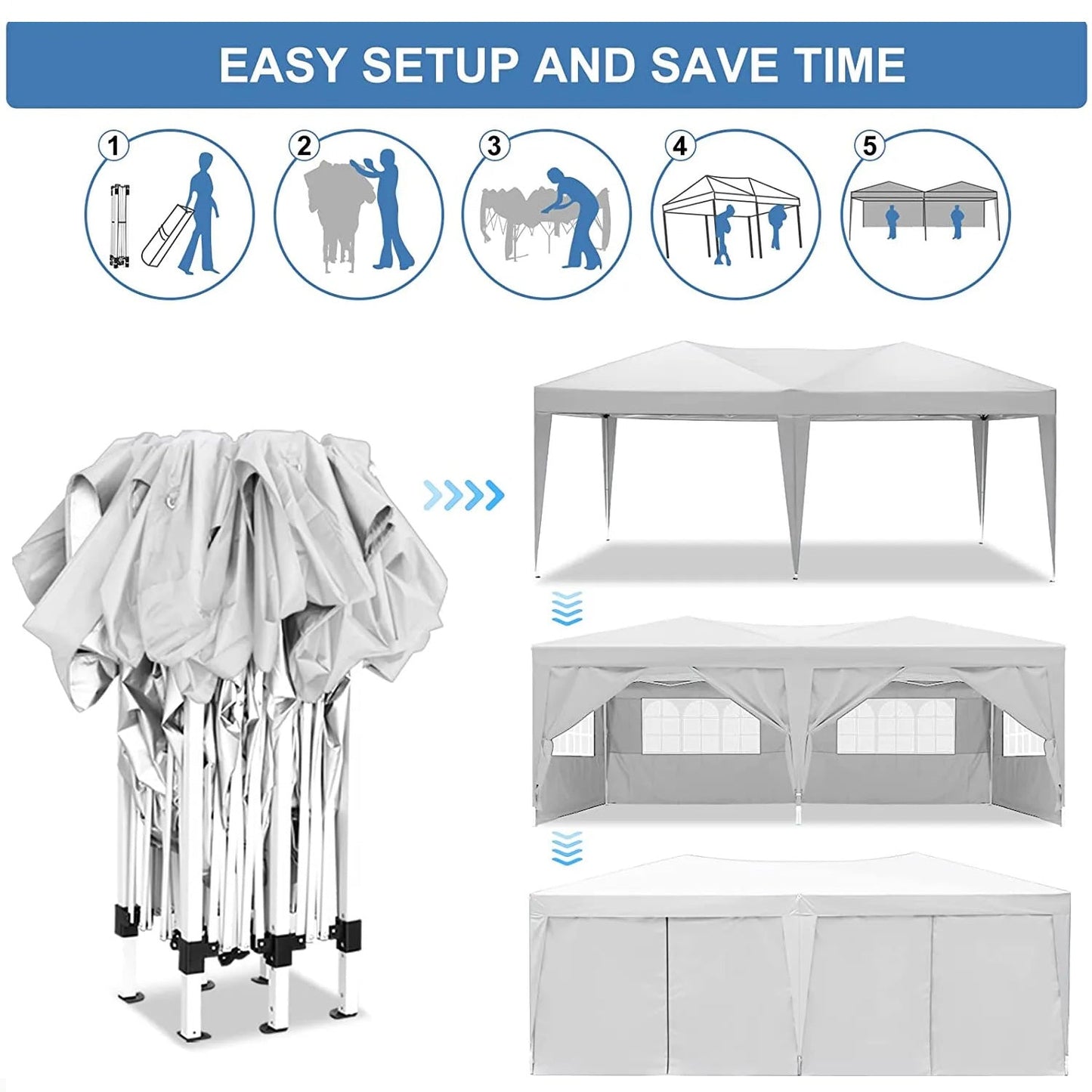 10'x20 'folding canopy with 6 detachable side walls outdoor activity shelters UPF 50+terrace portable tent (white)