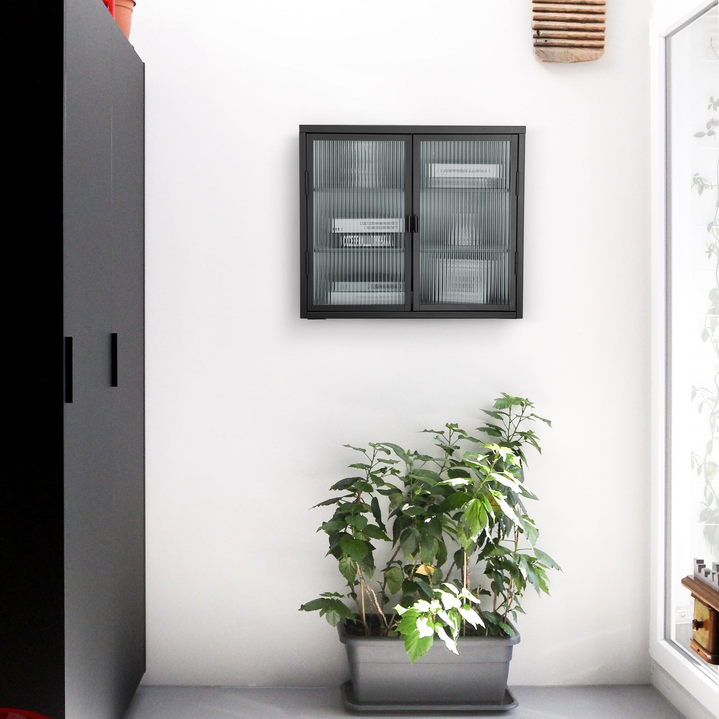 Retro Style Haze Double Glass Door Wall Cabinet With Detachable Shelves for Office Dining Room Living Room