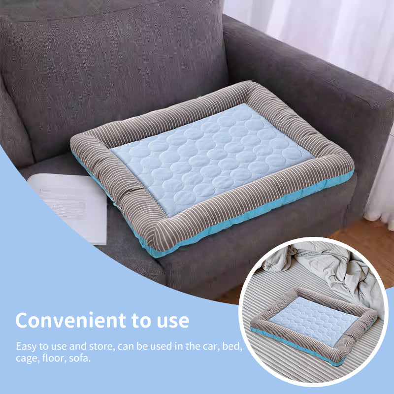 Cooling pet mats for dogs & cats (puppies/kittens): ice silk, breathable, soft summer pads in pink/blue.